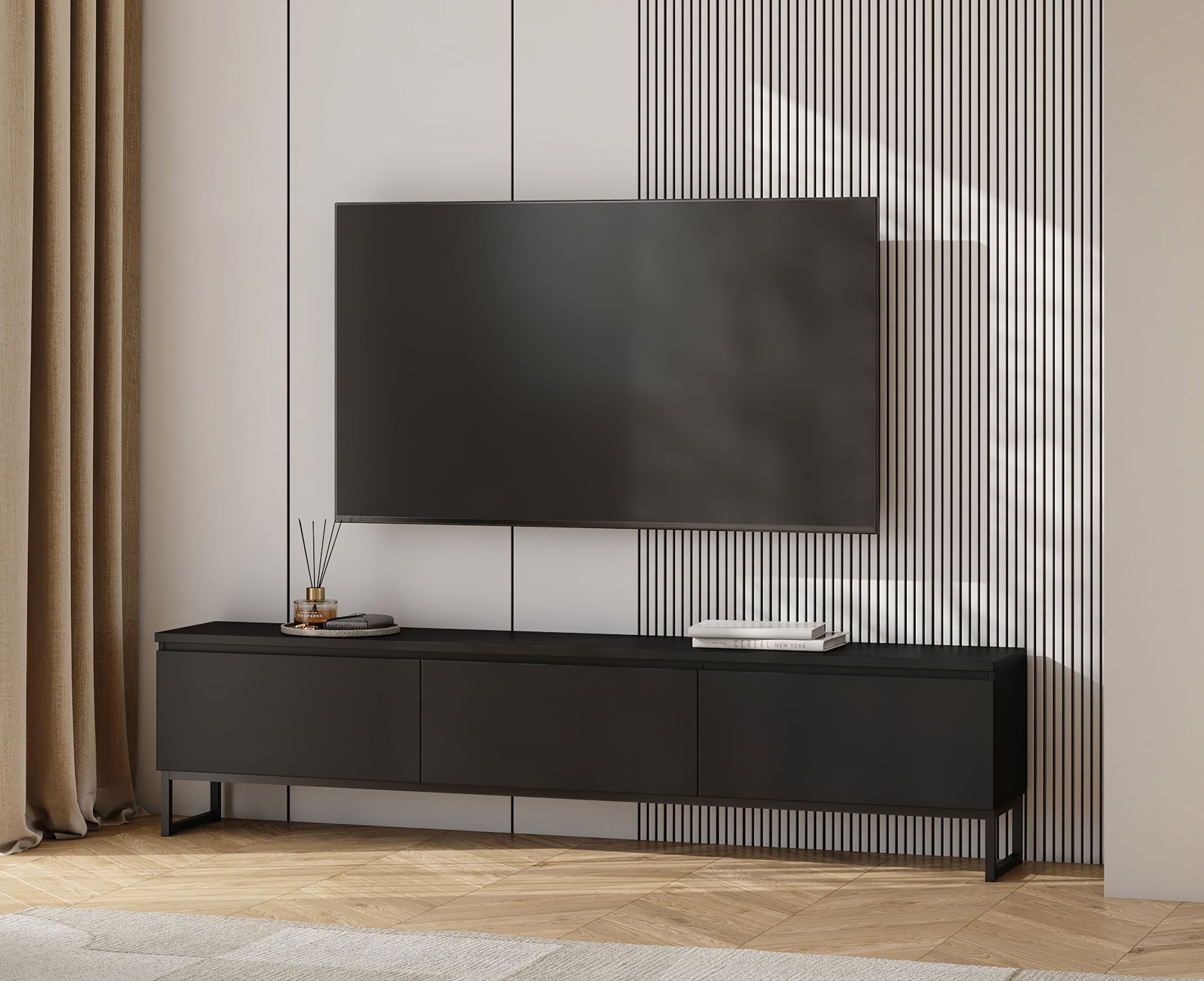 OTTO home Lowboard »Modo II, Breite 200 cm, modernes griffloses Lowboard 3 Klappen« TV-Kommode mit viel Stauraum, Metallkufen