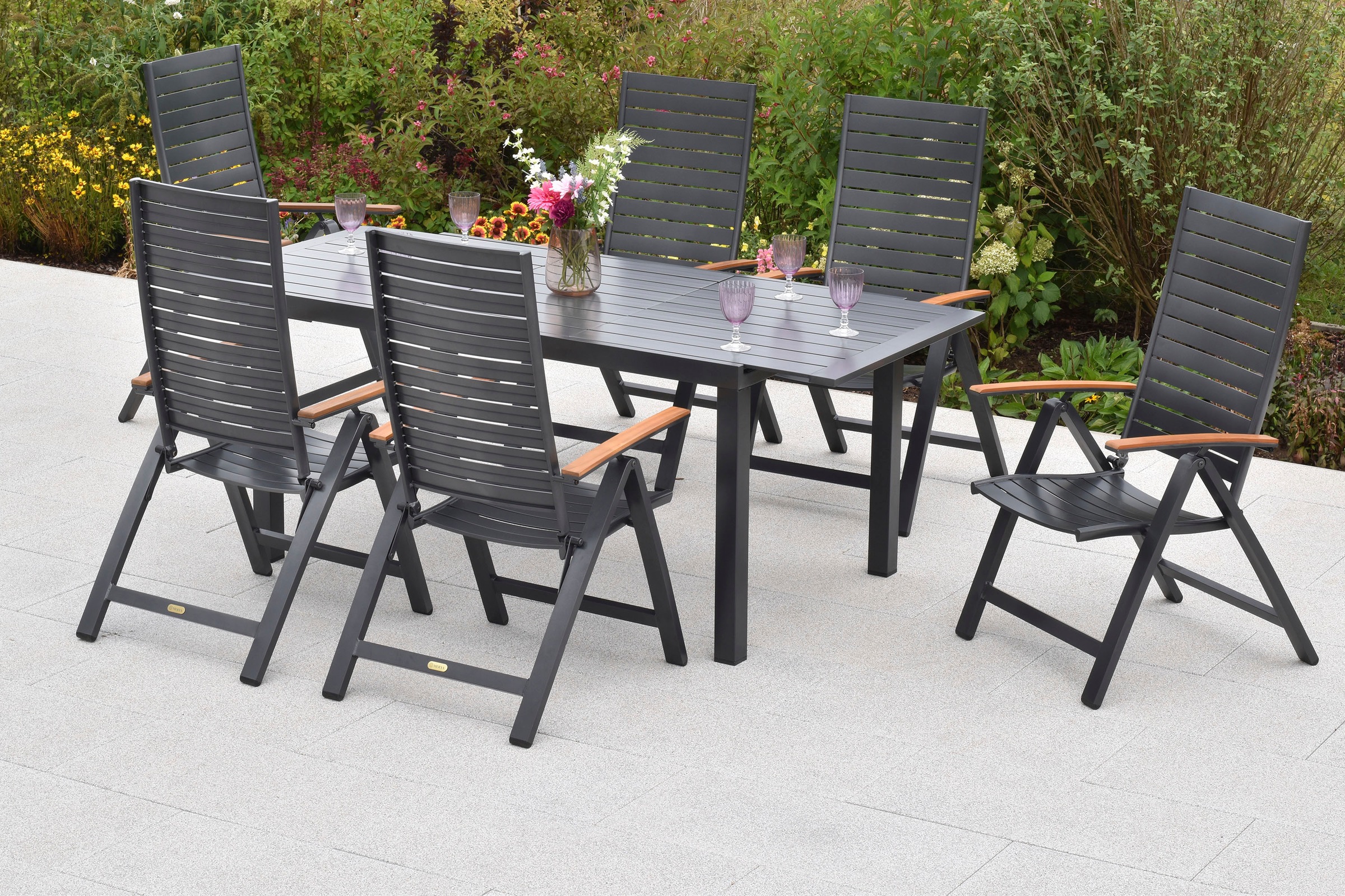 MERXX Garten-Essgruppe »»Astros««, (Set, 7 tlg., Tischplatte aus Aluminium, Armlehnen aus Akazienholz), Rückenlehne 5-fach verstellbar