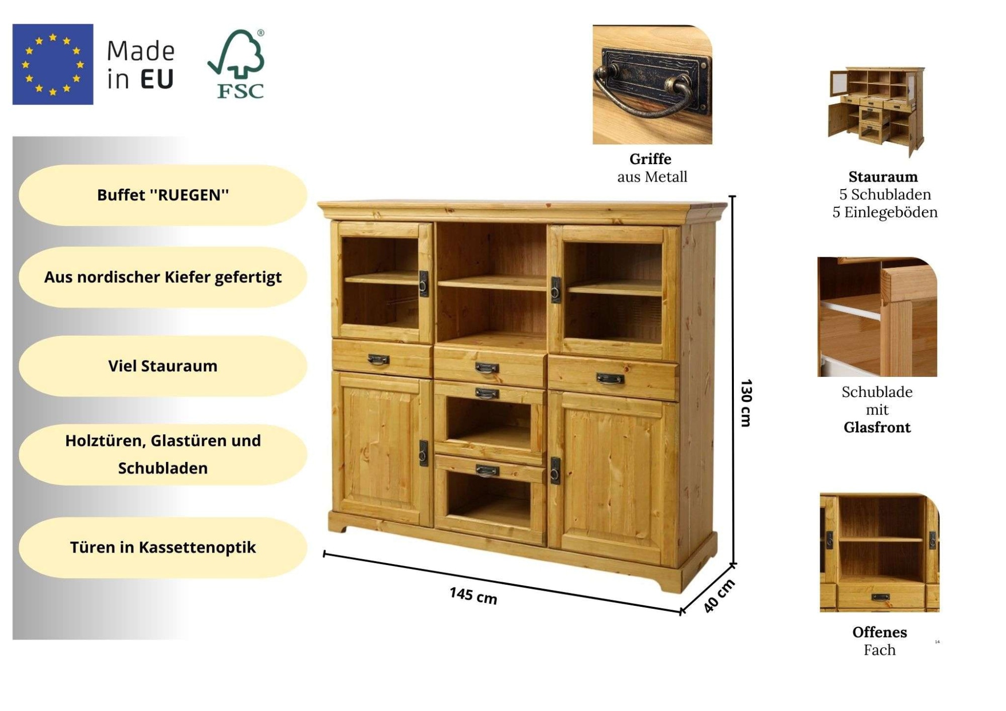 Home affaire Sideboard »Rügen« aus massiver Kiefer, Breite 145 cm, made in EU