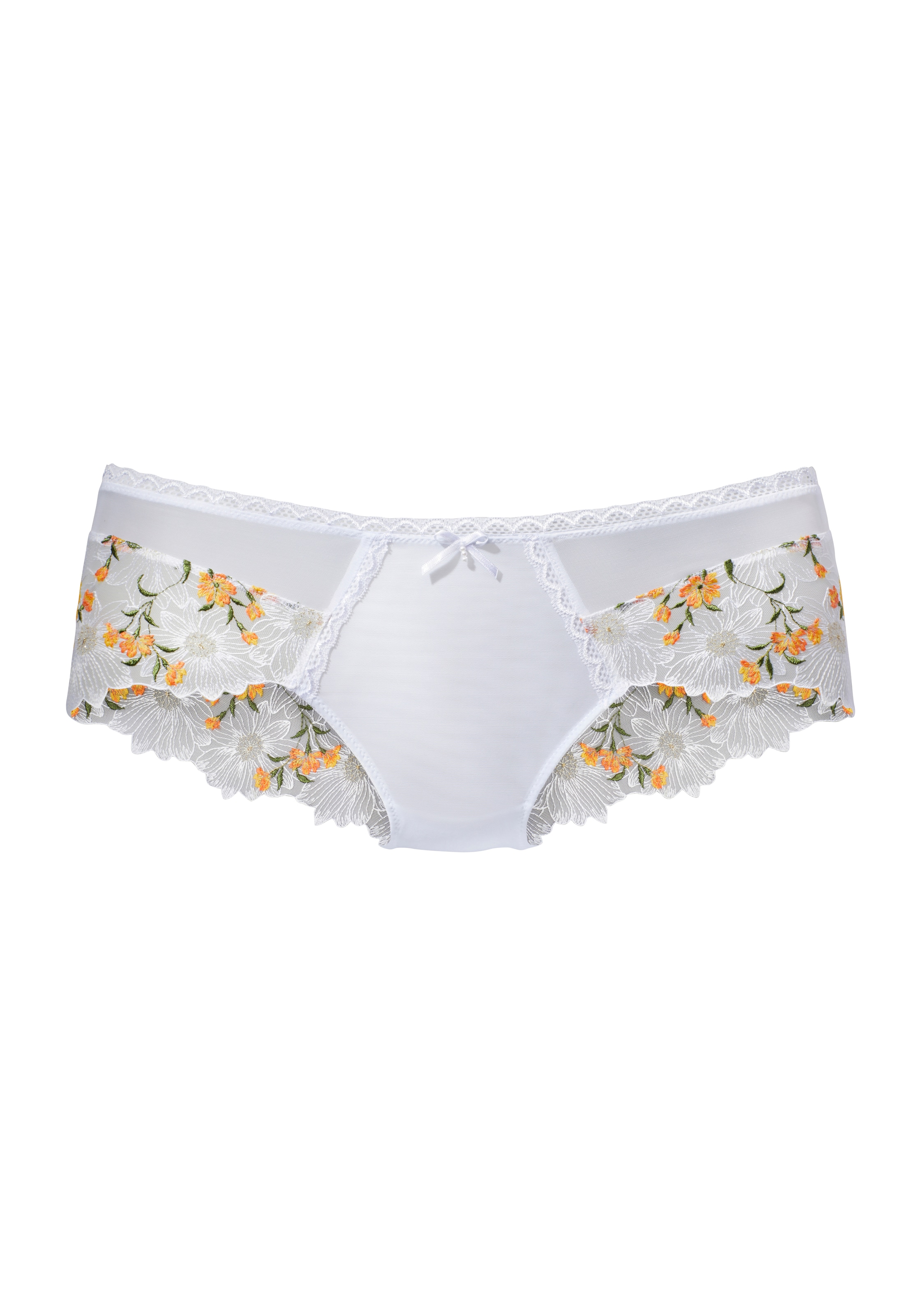 LASCANA Stringpanty, aus zarter, floraler Stickereispitze und weichem Soft-Mesh