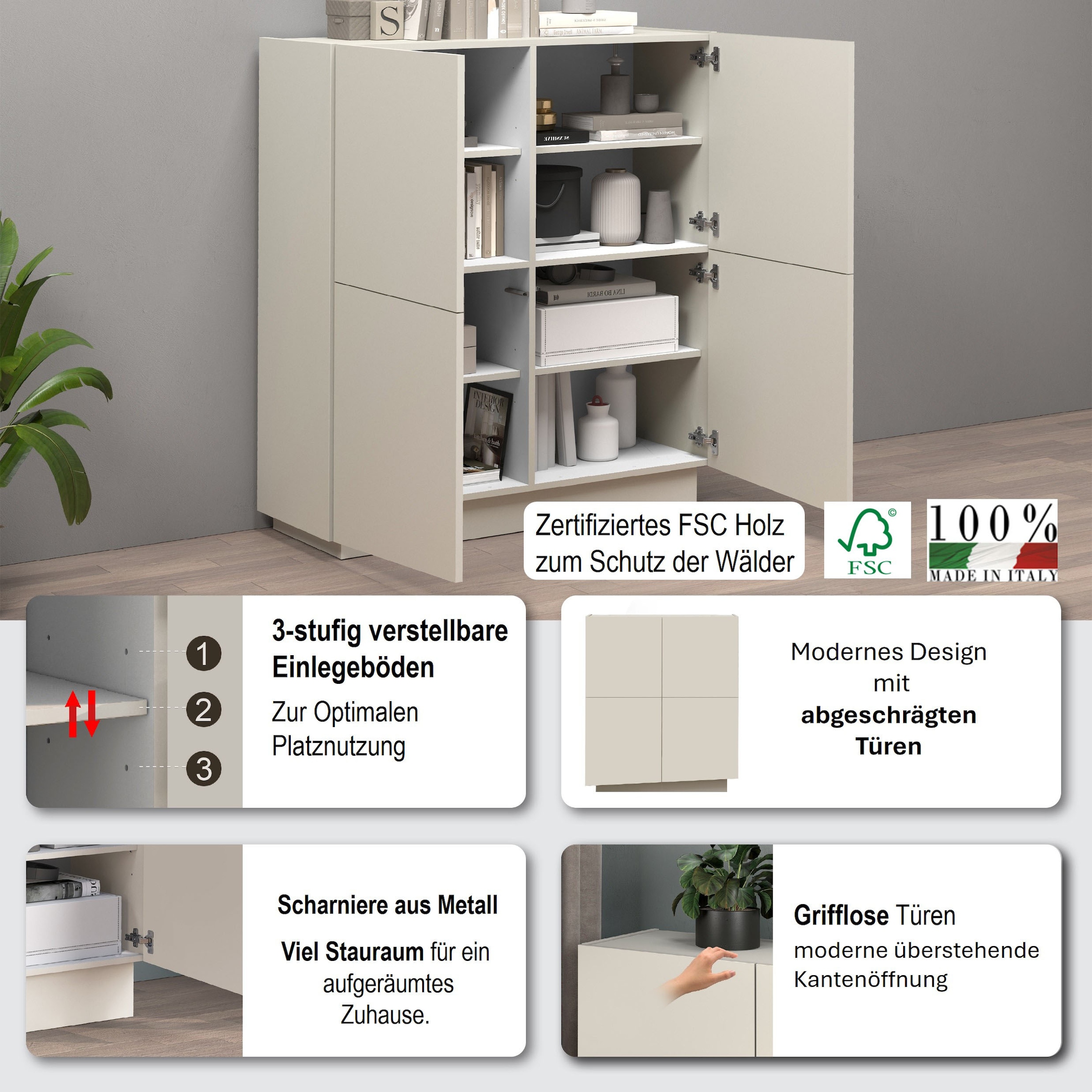 INOSIGN Highboard »VELA, Highboard, Höhe 120 cm,Design mit schrägen Türen«, (1 St.), Made in Italy, Maße-B/T/H: 100x35x120,hohes Sideboard,Anrichte,Kommode