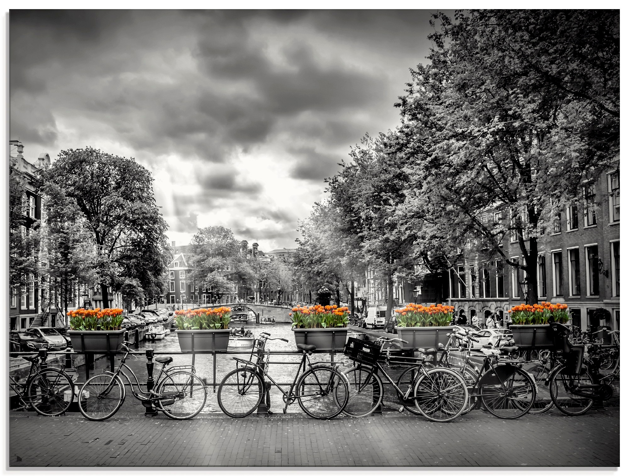 Artland Glasbild "Amsterdam Herengracht Sonnenstrahlen II", Fahrräder, (1 St.), in verschiedenen Größen