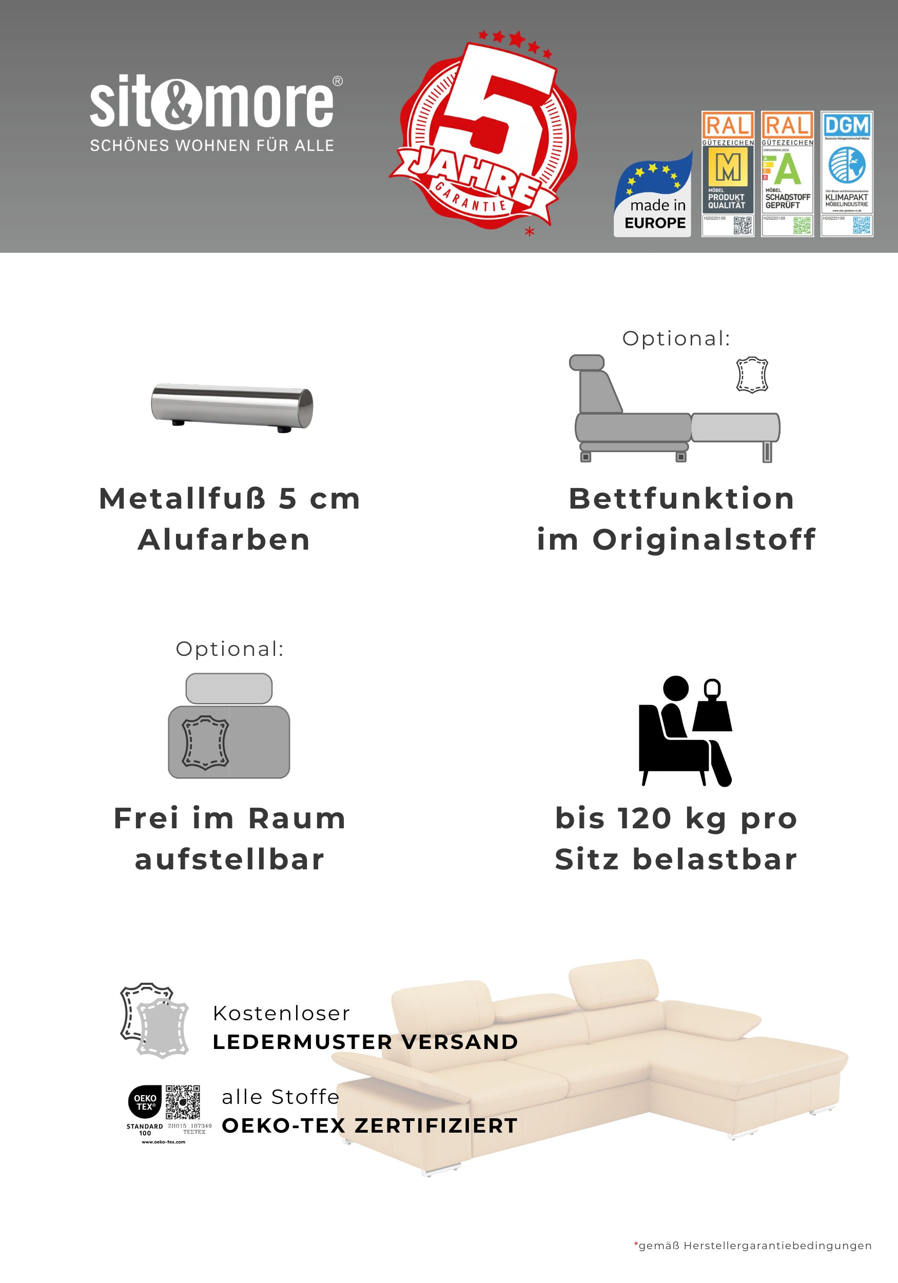 sit&more Ecksofa »Valantine L-Form, B: 272 cm« mit Arm- & Kopfteilverstellung, optional mit Schlaffunktion