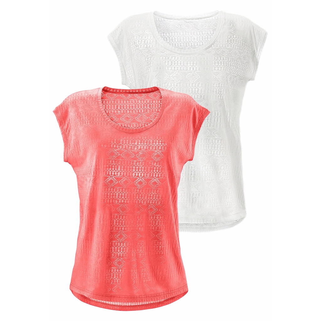 LASCANA T-Shirt, (2er-Pack), Ausbrenner-Qualität mit leicht transparentem Ethno-Design