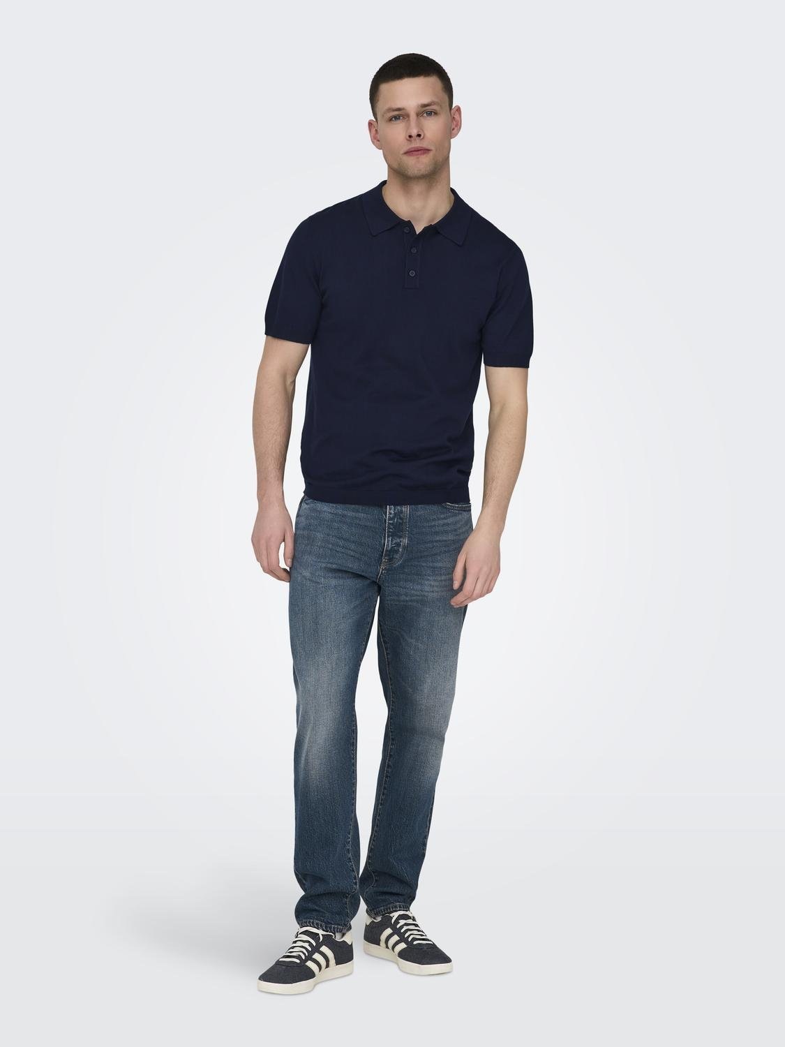 Poloshirt ONLY & SONS "ONSWYLER LIFE REG 14 SS POLO KNIT NOOS", Herren, Gr. L, blau (schwarz navy), Strick, Obermaterial: 78% Viskose, 22% Polyester, unifarben, regular fit, Shirts 3