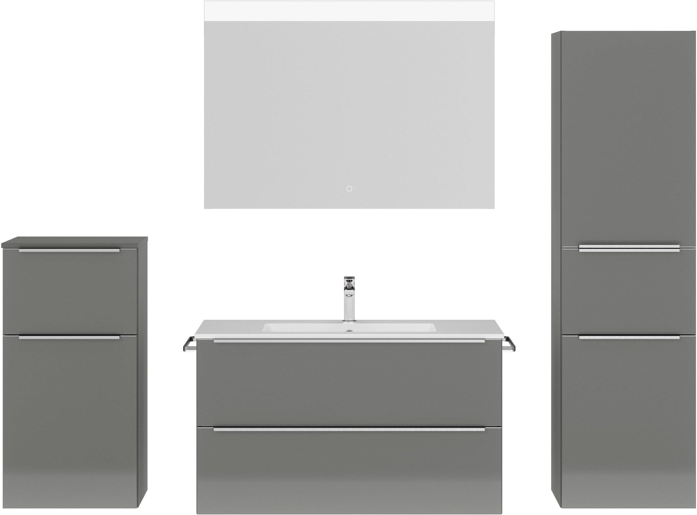 nobilia® Badmöbel-Set »Levere«, (4 St., vormontiert, mit Soft-Close), Hochglanz, inkl. Spiegel mit Touch-Sensor, in vier Breiten