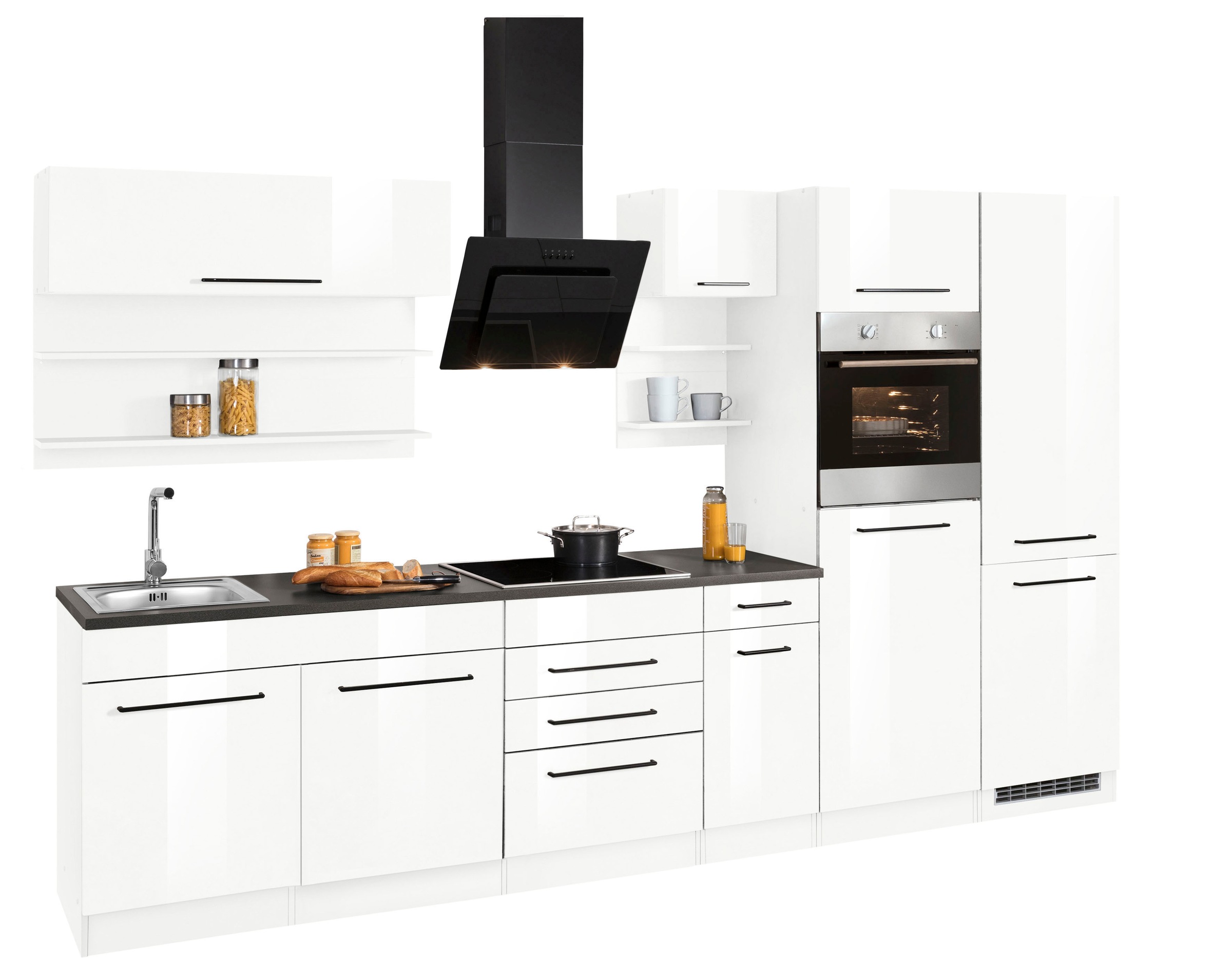 KOCHSTATION Küchenzeile »KS-Tulsa«, mit E-Geräten, Breite 330 cm, schwarze Metallgriffe, MDF Fronten