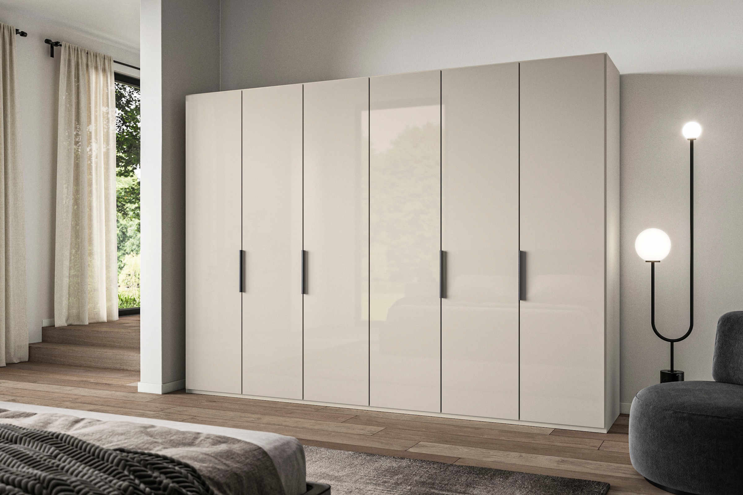 WIEMANN Falttürenschrank »Ohio, Kleiderschrank, Schrank, Garderobe, mit Glasfront, 300 cm« inklusive Einlegeböden & Kleiderstangen, 2 Höhen, MADE IN GERMANY,  inklusive Türdämpfung, hochwertige Glasfront
