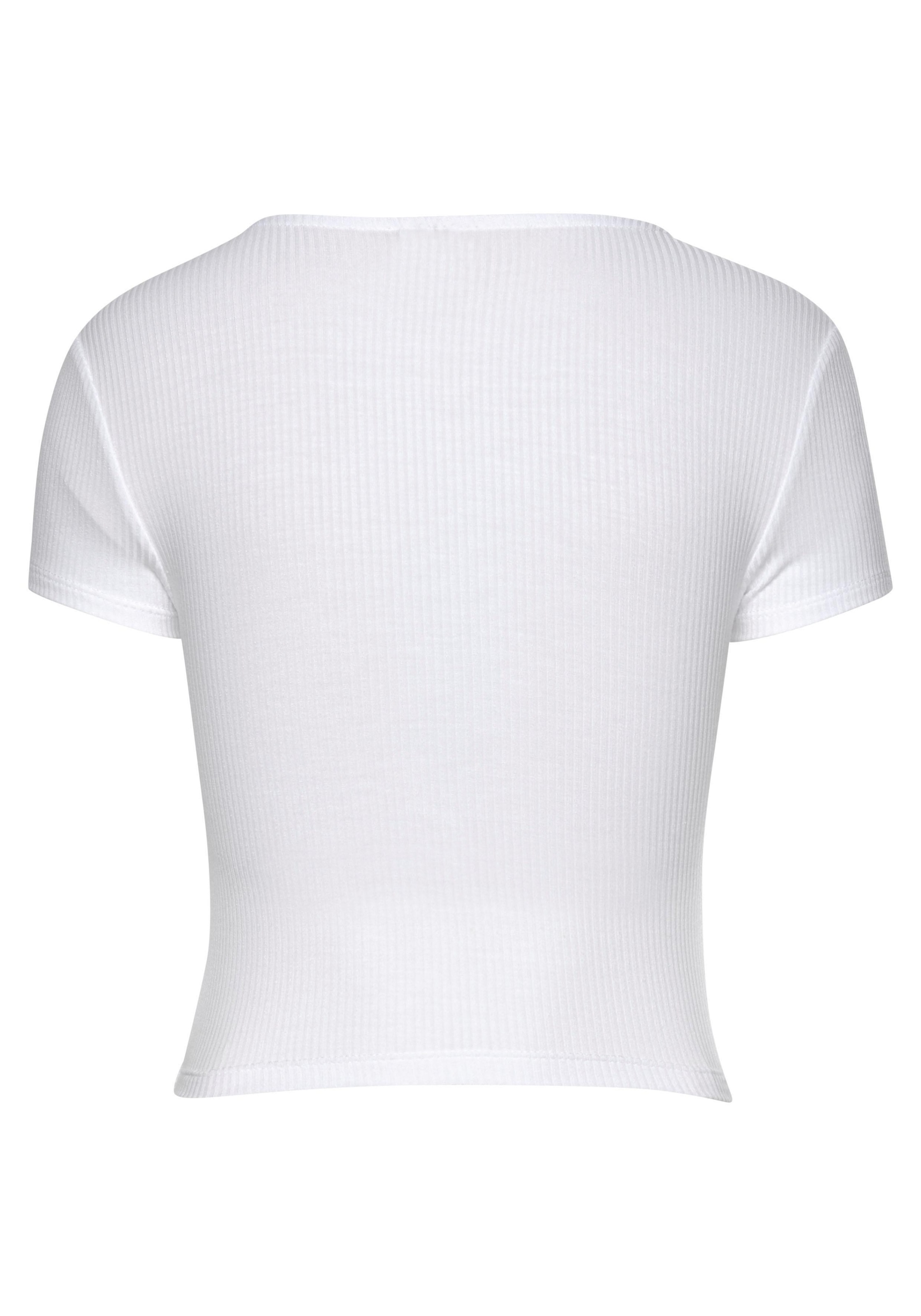 Kurzarmshirt BUFFALO, Damen, Gr. 32/34, weiß, Jersey, Obermaterial: 95% Viskose, 5% Elasthan, unifarben, figurbetont bauchfrei, V-Ausschnitt, Shirts, mit Wickeloptik und V-Ausschnitt, T-Shirt, figurbetont, Basic 3