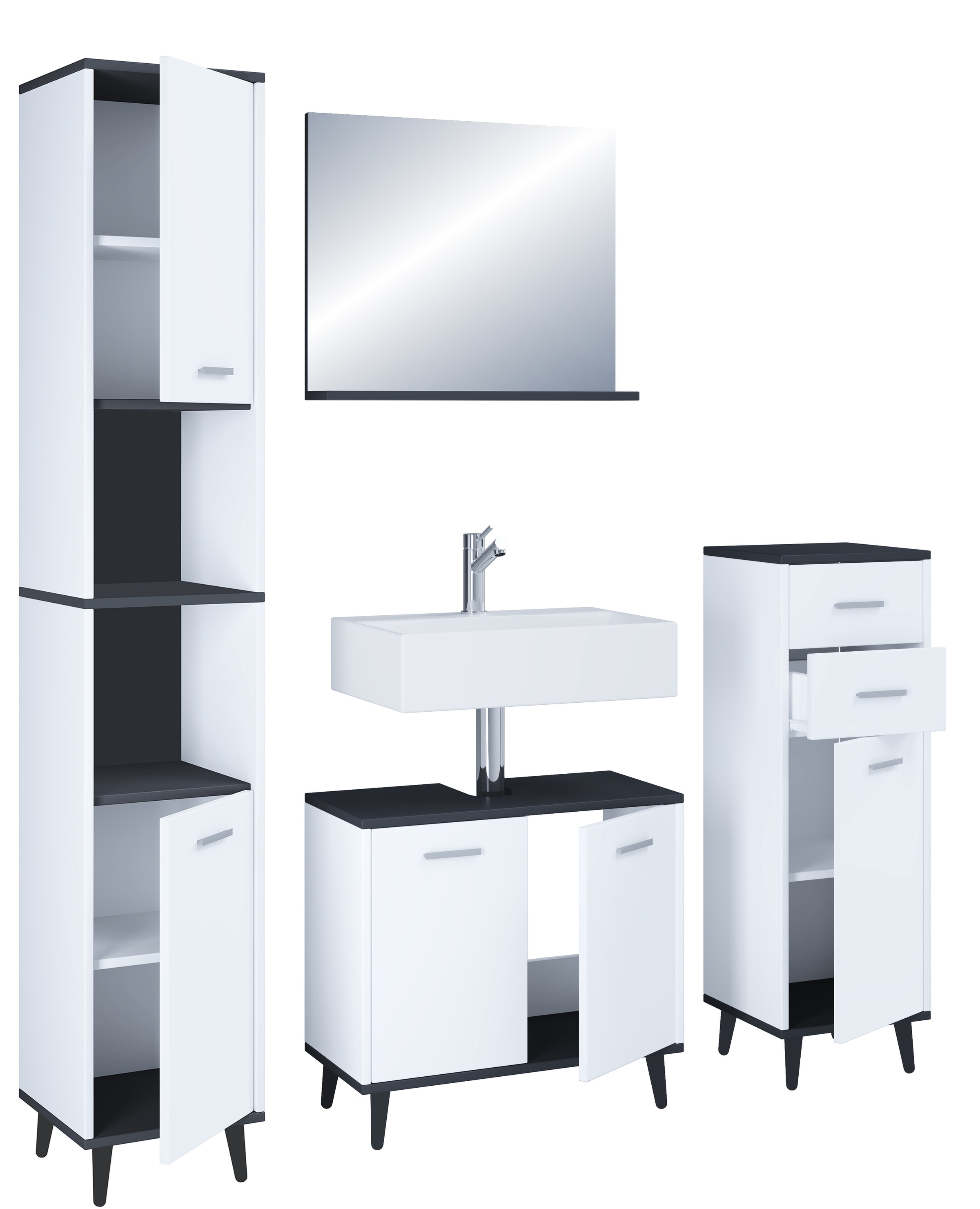 VCM Waschbeckenunterschrank »VCM 4-tlg. Badmöbelset | Badmöbel | Set aus Unterschrank, Midischrank, Hochschrank und Spiegel | Badezimmermöbel - Landos«, (4 St.)