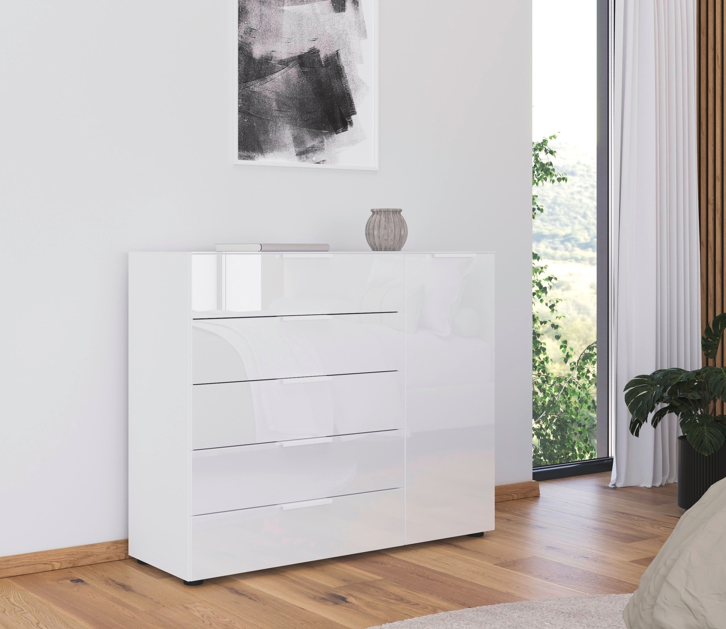 rauch Schubkastenkommode »Kommode Türkommode Sideboard Kombikommode FLIPP mit Glasfront« Breite 120 cm mit 2 Einlegeböden,  1-türig, 5 Schubladen, Soft-Close-Funktion, Oberboden und Front Glas