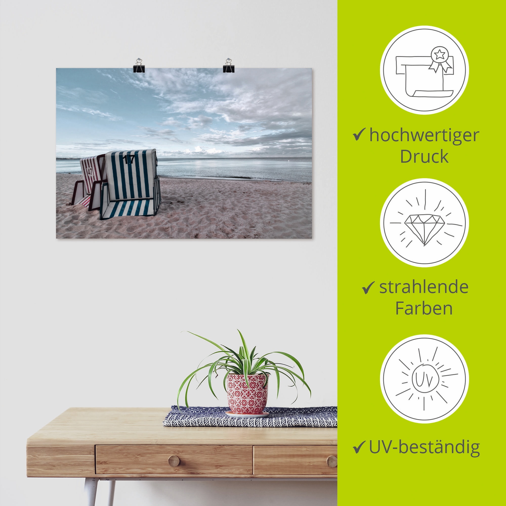 Artland Wandbild »Einsame Strandkörbe am Ostseestrand«, Strand, (1 St.), als Leinwandbild, Poster in verschied. Größen