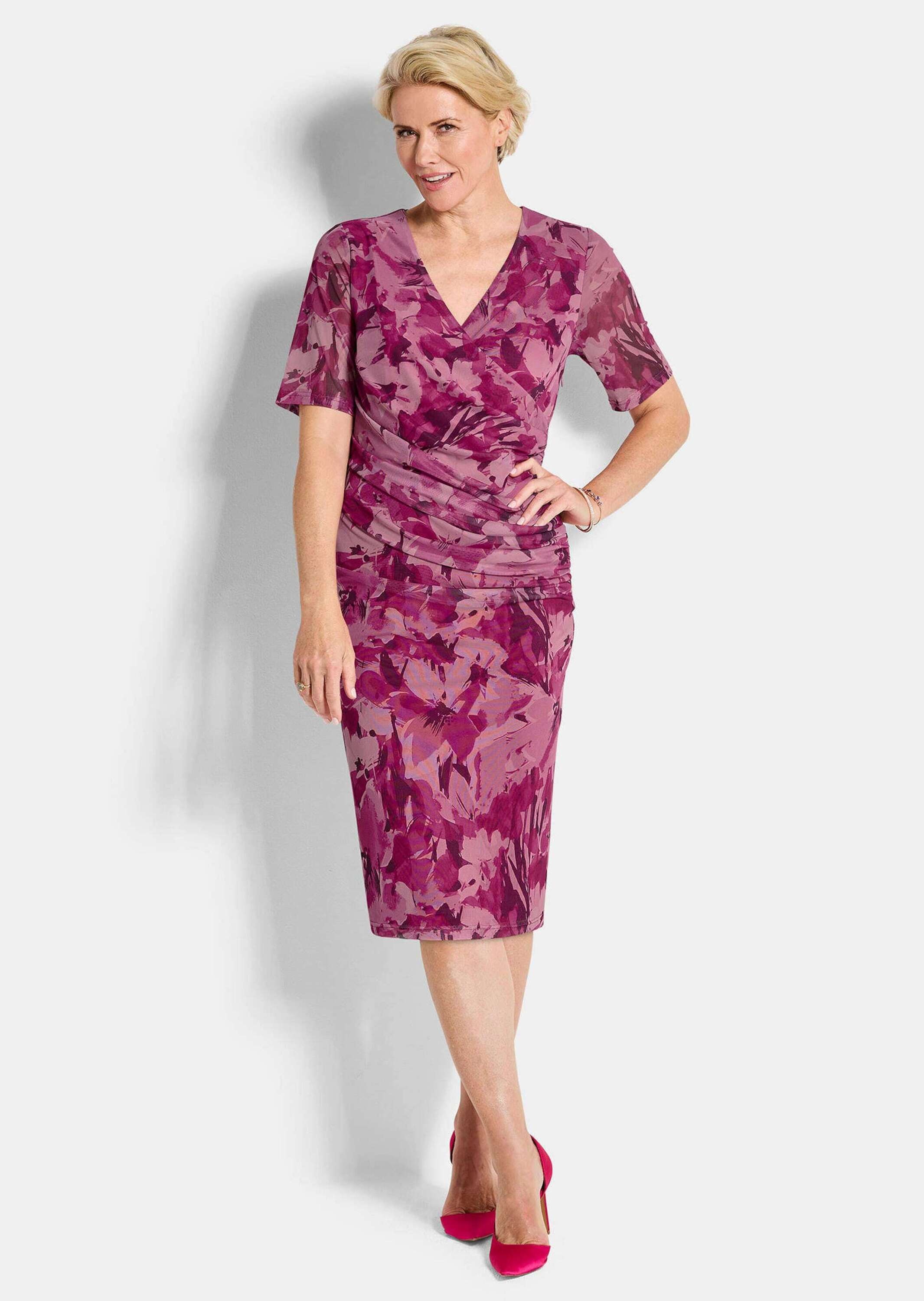 Thumbnail - GOLDNER Abendkleid "Kurzgröße Wickelkleid mit Blumenmuster" Ohne Taschen Wickeloptik am Oberteil