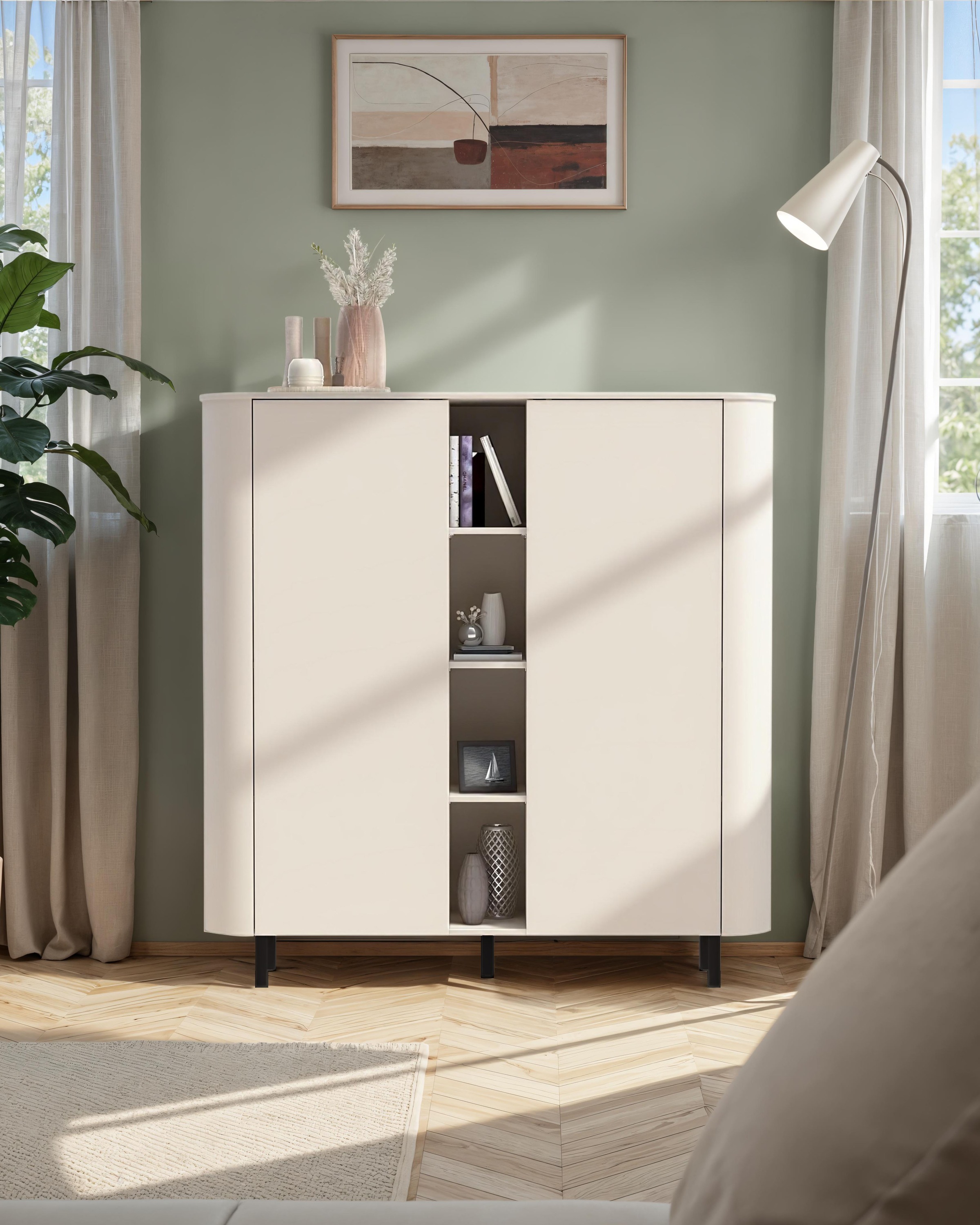 INOSIGN Highboard »Lido, B/H 150/154 cm, 2 Türen, 4 offene Fächer, Stauraumschrank« Formgebogenes MDF, Stirnseiten mit Rundung, Push-to-open, Metallfüße