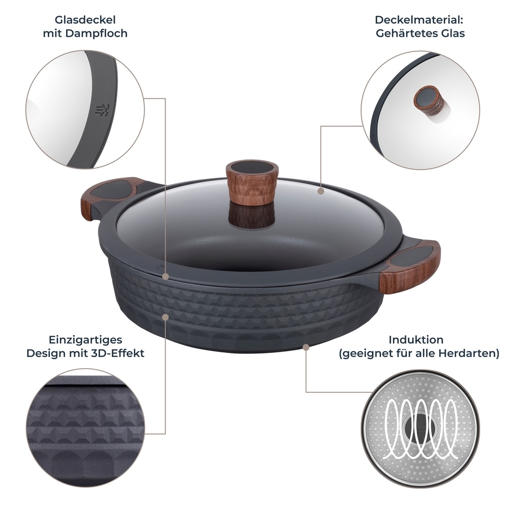 RESTO Kitchenware Kochtopf »Capella, Schmortopf antihaftbeschichtet und spülmaschinenfest«, Aluminiumguss, (2 tlg.), mit Glasdeckel und stoßdämpfendem Silikonrand, im Geschenkkarton
