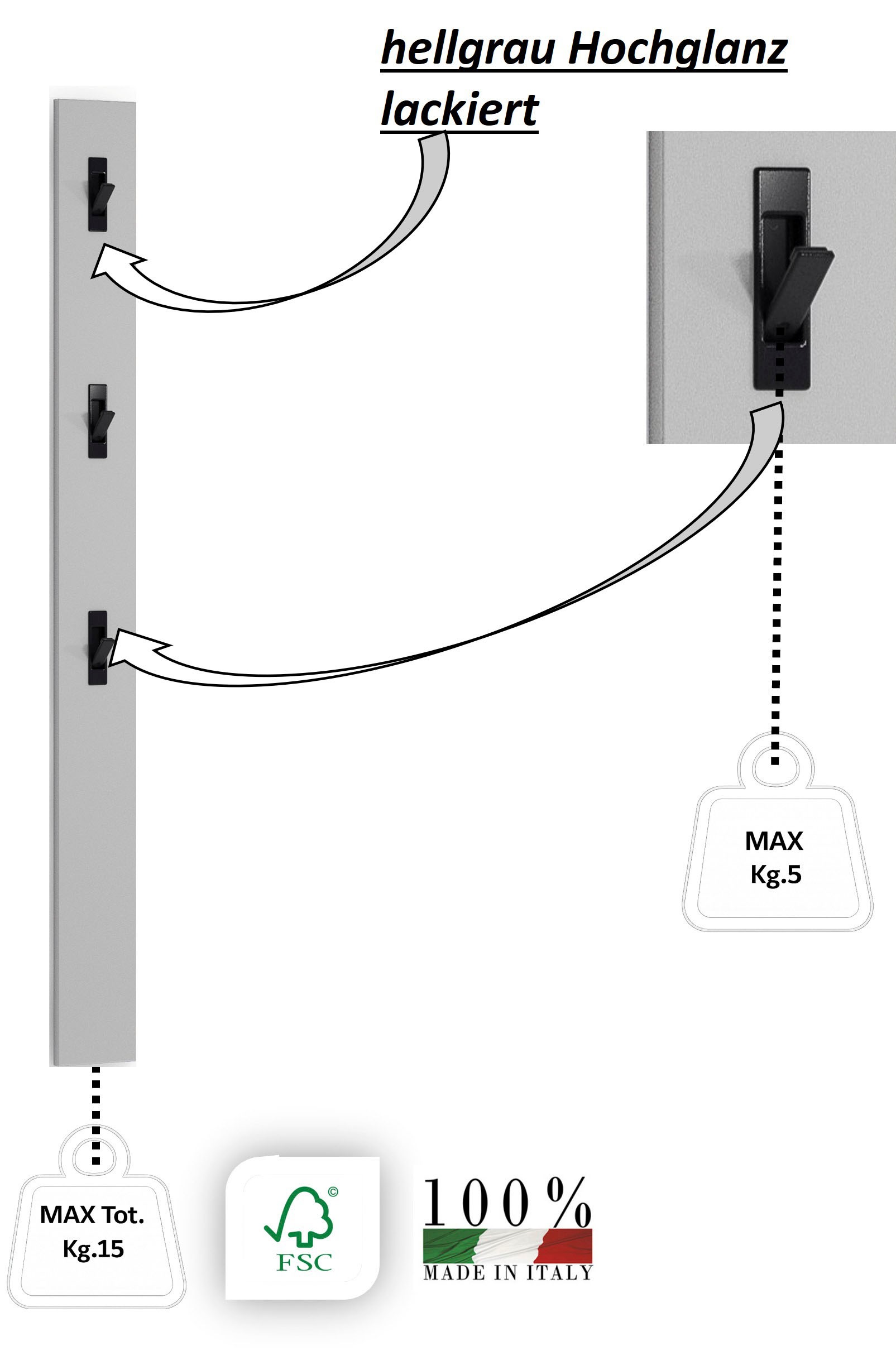 Home affaire Garderobenpaneel »SPACE, Garderobenleiste, Wanpaneel, Wandgarderobe, Garderobenleiste« 1 Stk. tlg. mit 3 Klapphaken, Hochglanz lackiert, 15x2x170 cm