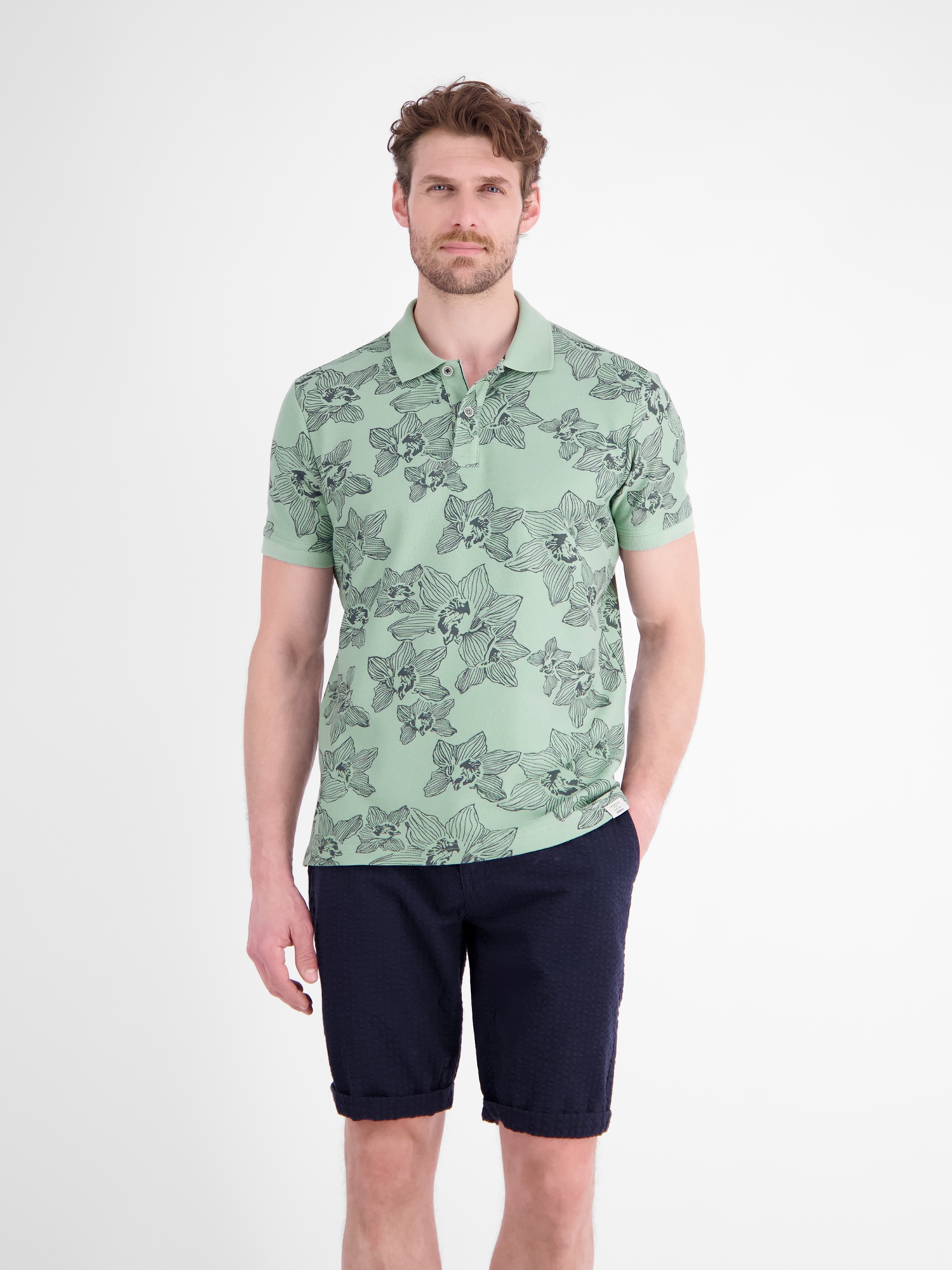 LERROS Poloshirt »Poloshirt mit floralem Allover-Print und Flachstrickkragen«