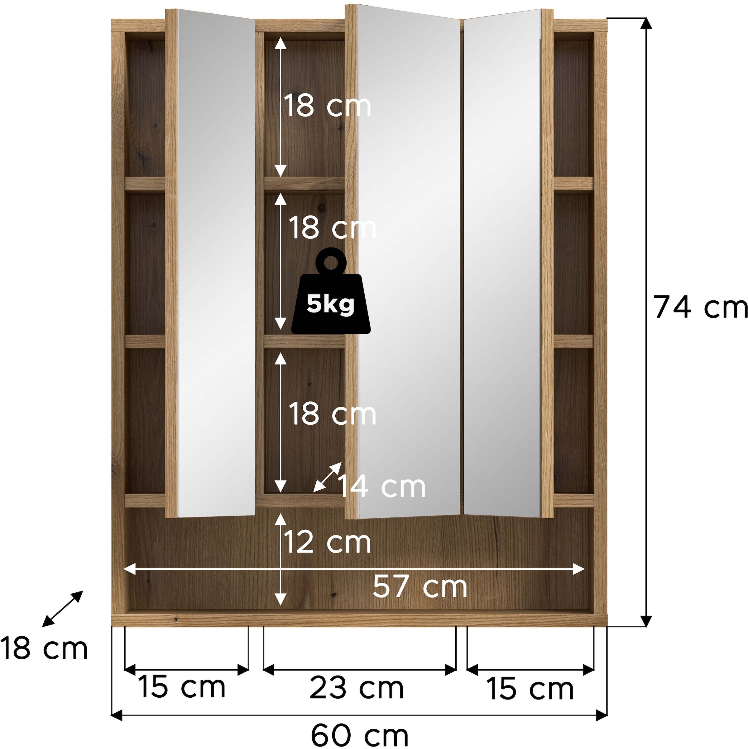welltime Spiegelschrank »VANN, Breite 60cm, 3 Spiegeltüren, 10 Fächer, viel Stauraum« individuell mit weiteren Artikel der Serie VANN kombinierbar,  Spiegel, Schrank, Alibert, Badezimmerspiegelschrank, Badschrank