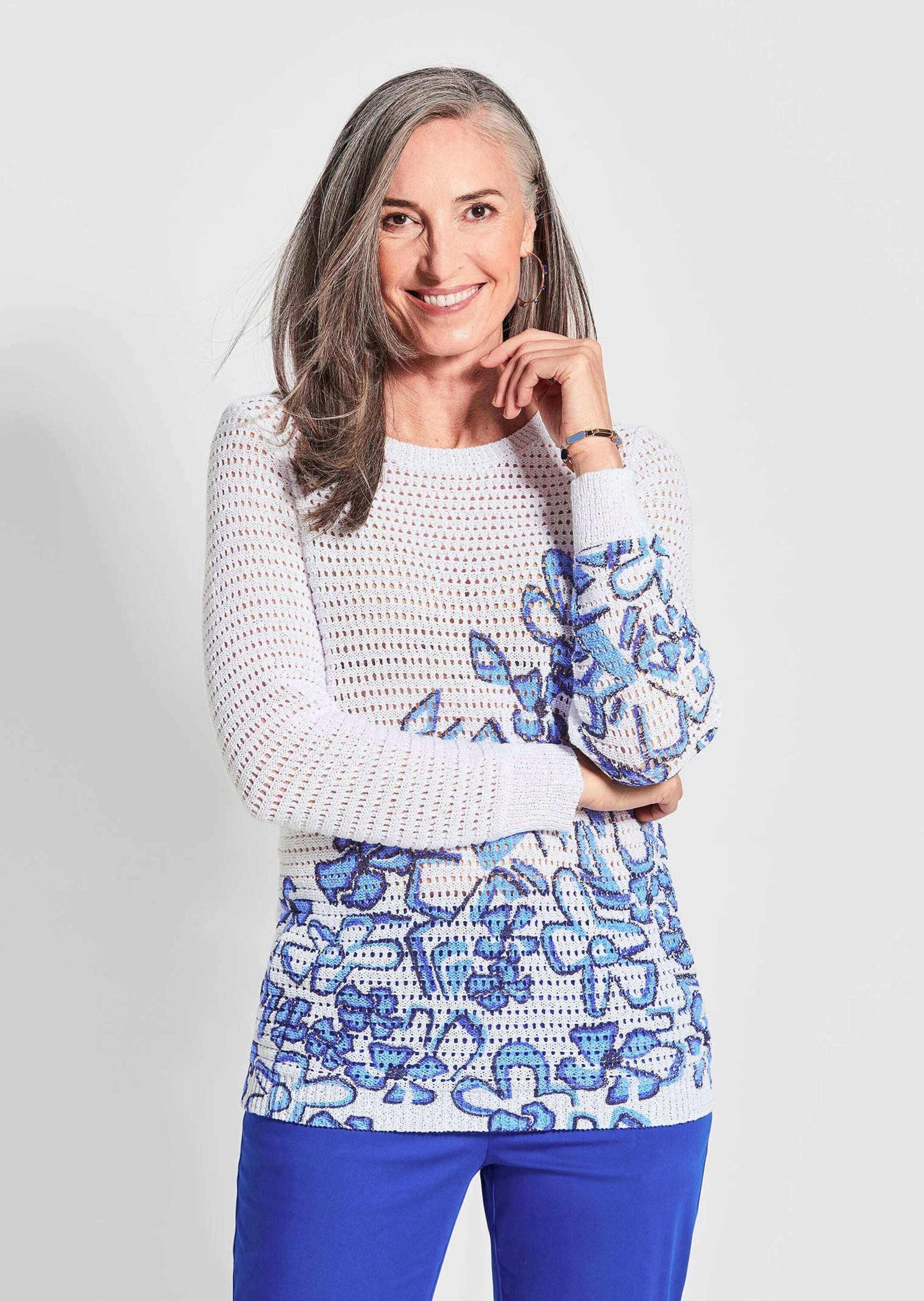 GOLDNER Rundhalspullover "Eleganter Pullover mit Kontrastdruck" Lochstruktu günstig online kaufen