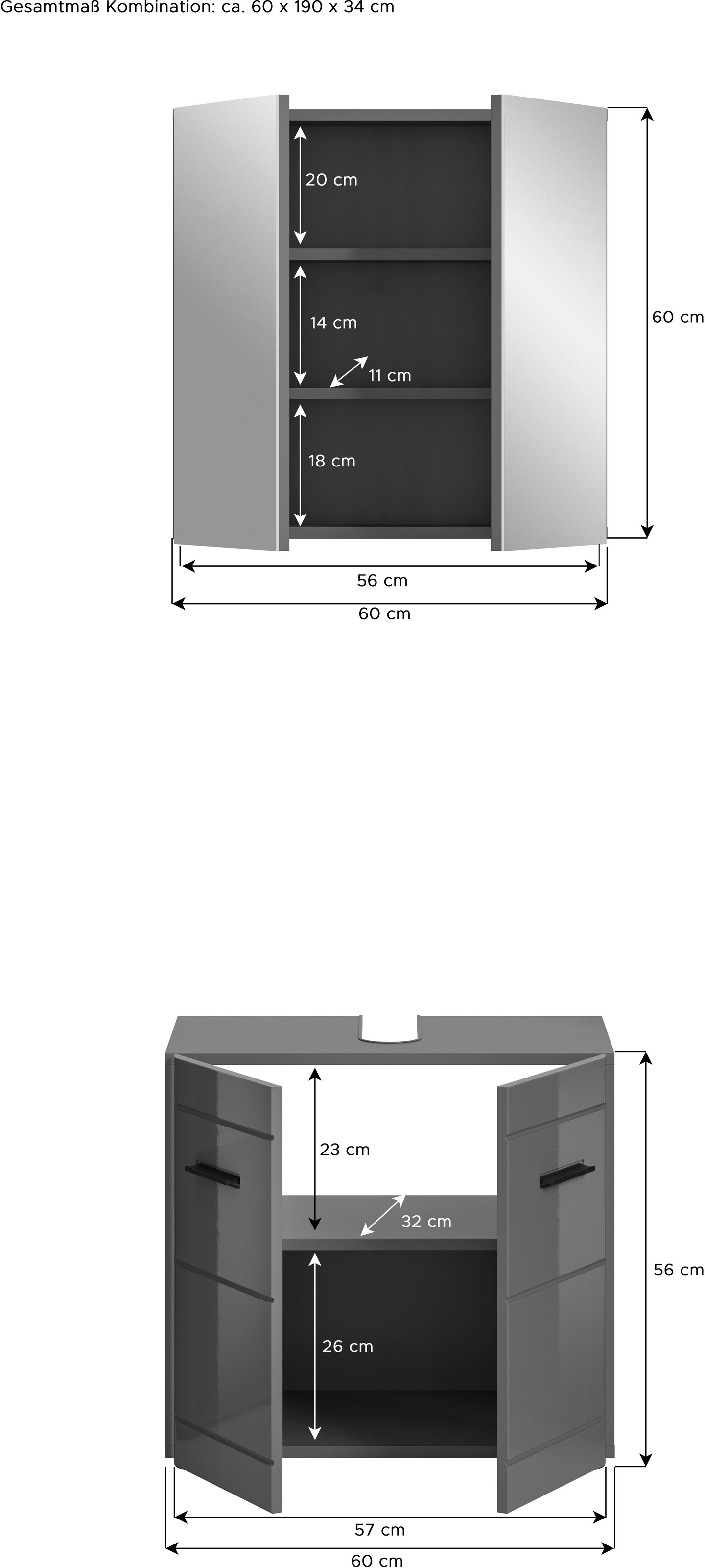welltime Badmöbel-Set »Doux, bestehend aus: Waschbeckenunterschrank und Spiegelschrank«, (2 St.), hochwertige hochglanz MDF Front mit Rillenfräsung