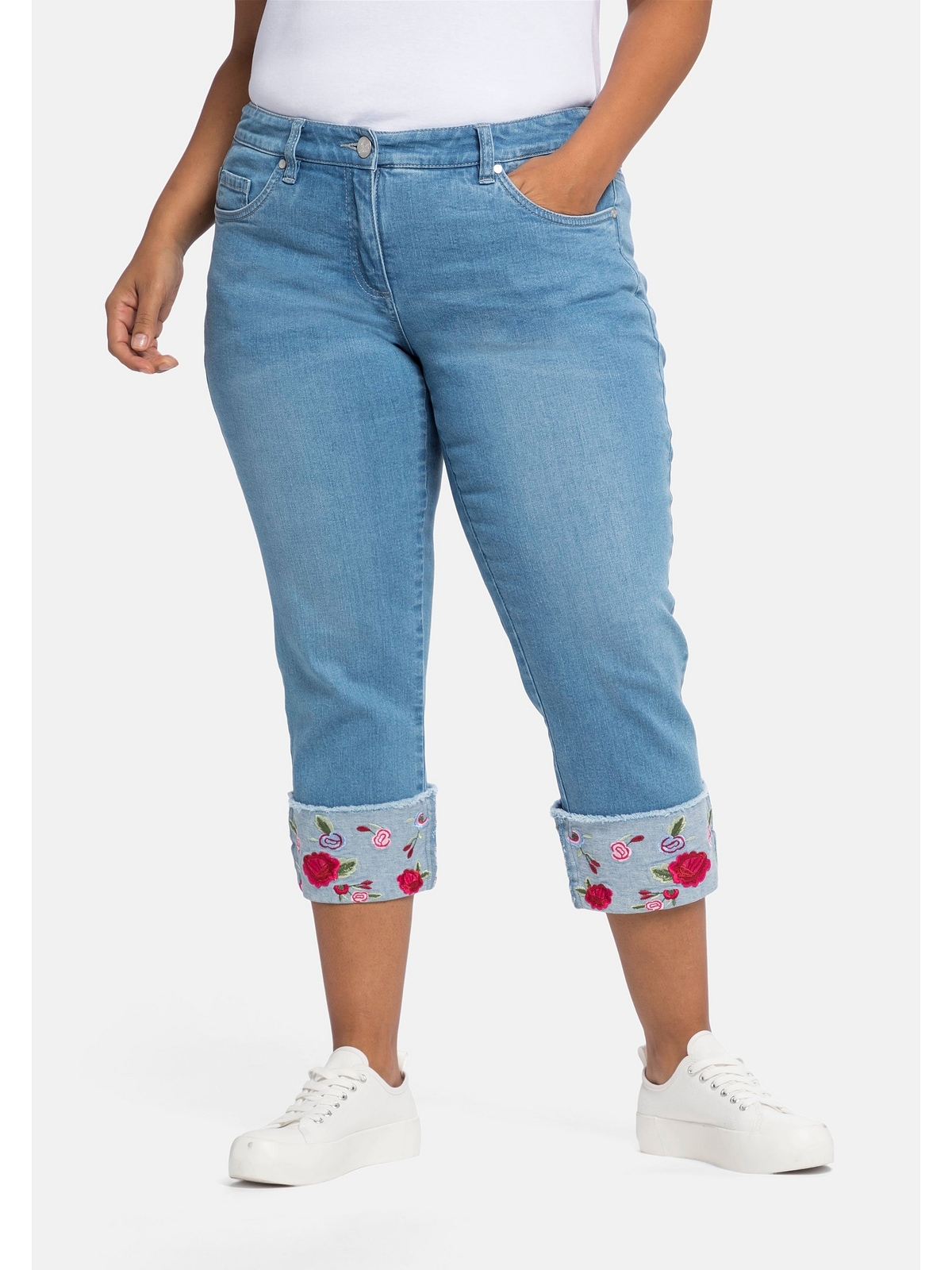 sheego by Joe Browns Stretch-Jeans BAUR Größen«, für besticktem kaufen | Aufschlag 7/8-Länge, mit »Große in