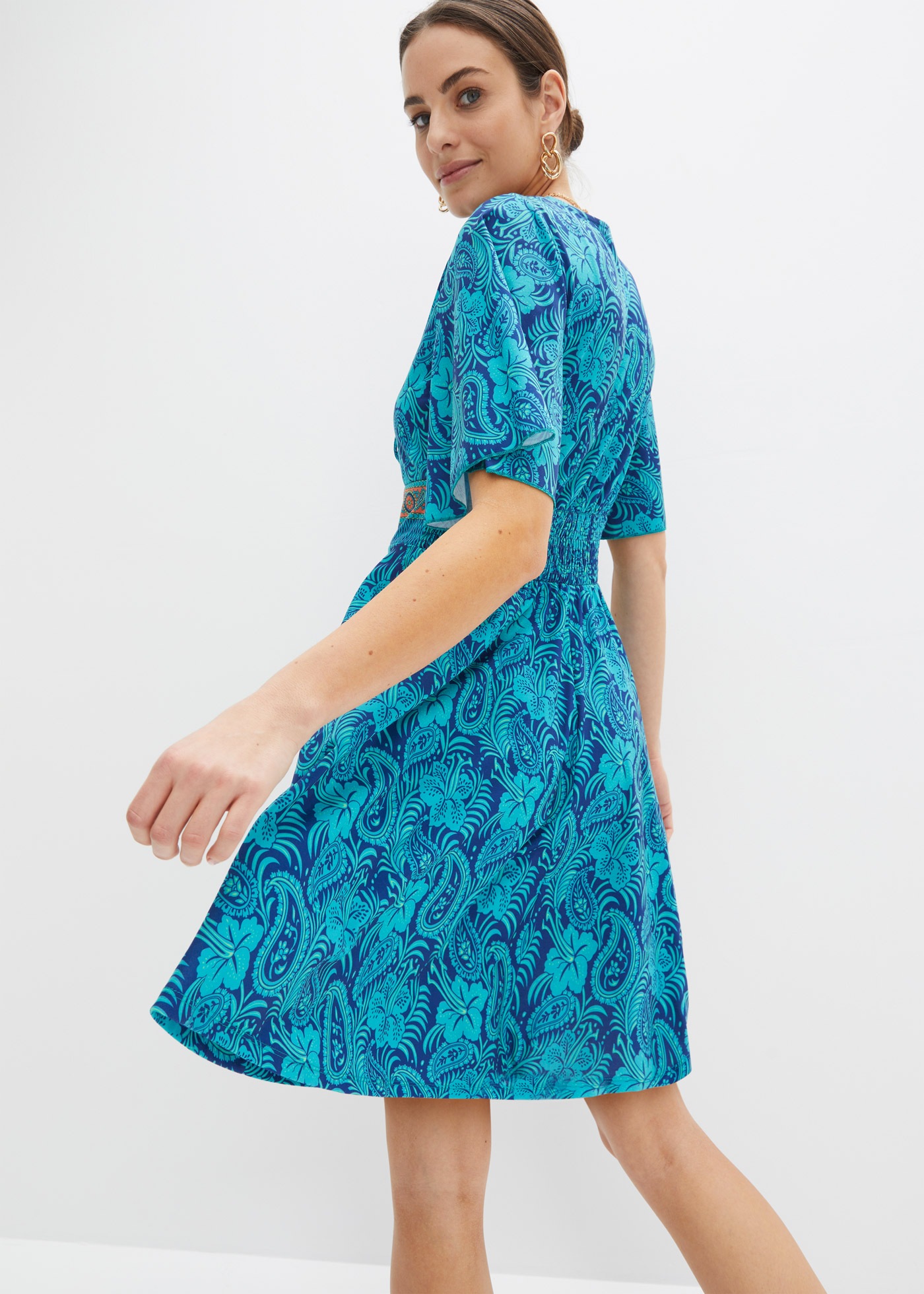 bonprix Jerseykleid ausgestellte Passform, Kurzarm, mit Schnürung und Binde günstig online kaufen