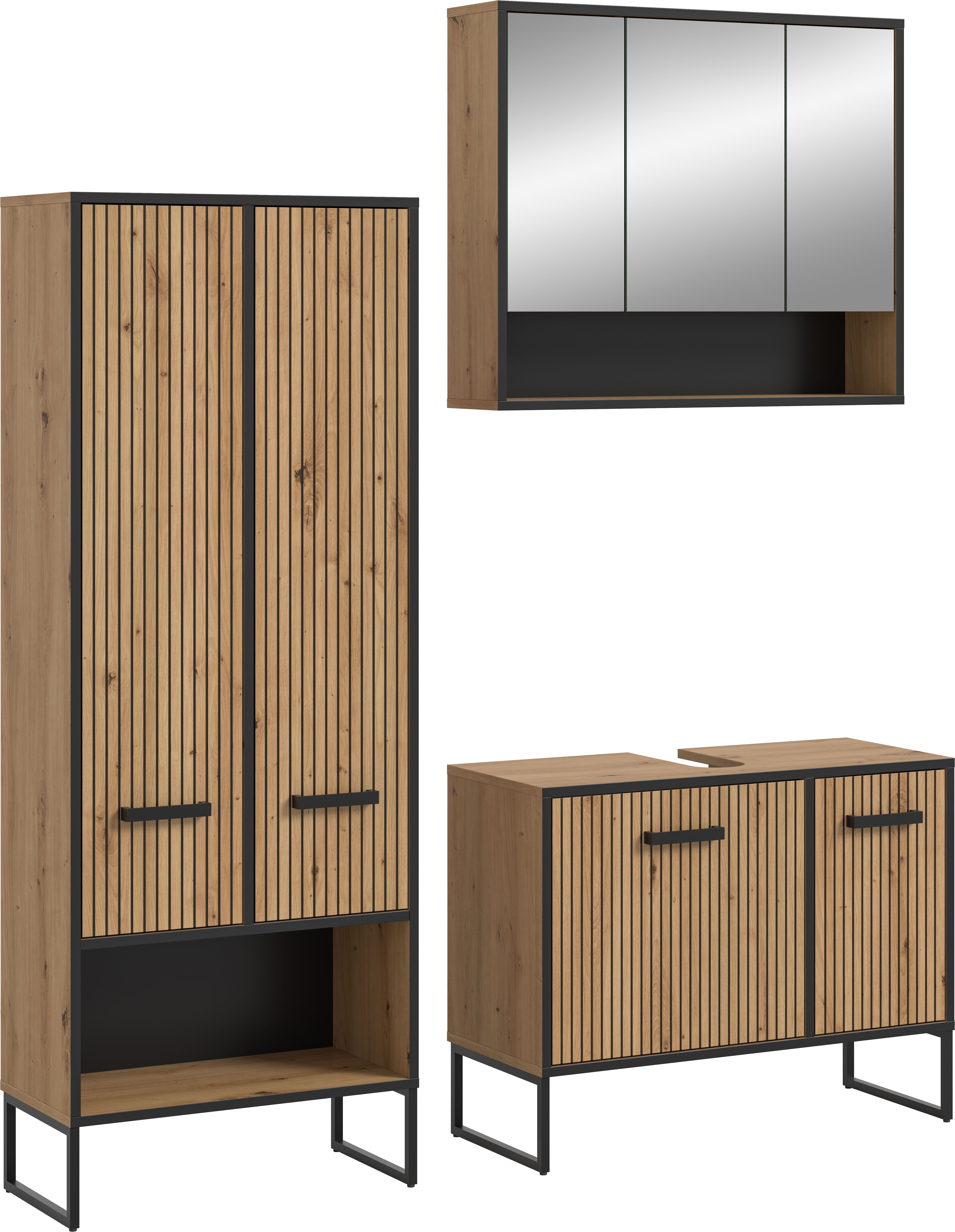 welltime Badezimmer-Set "LOCRI, 3-tlg. Badkombination, Breite 154 cm, Rillenoptik, Metallkufen" bestehend aus: Hochschrank, Waschbeckeunterschrank & Spiegelschrank, 3 Stk. tlg.