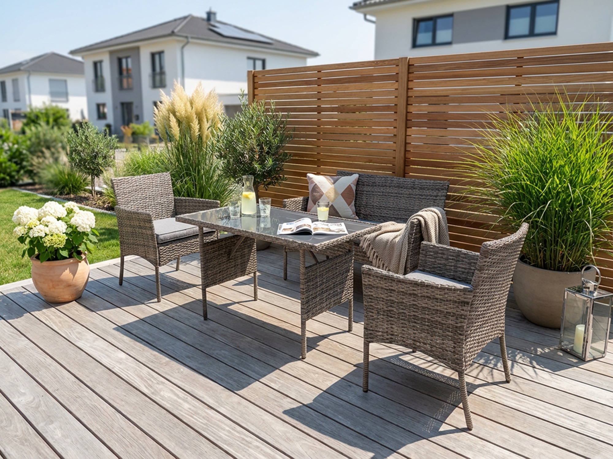 KONIFERA Gartenlounge-Set »Balkonset »Ronda«« Set, 1x2er Sofa, 2 Sessel, Tisch 56x110x65 cm, inkl. Auflagen, 7 Stk. tlg. Stahl/Polyrattan