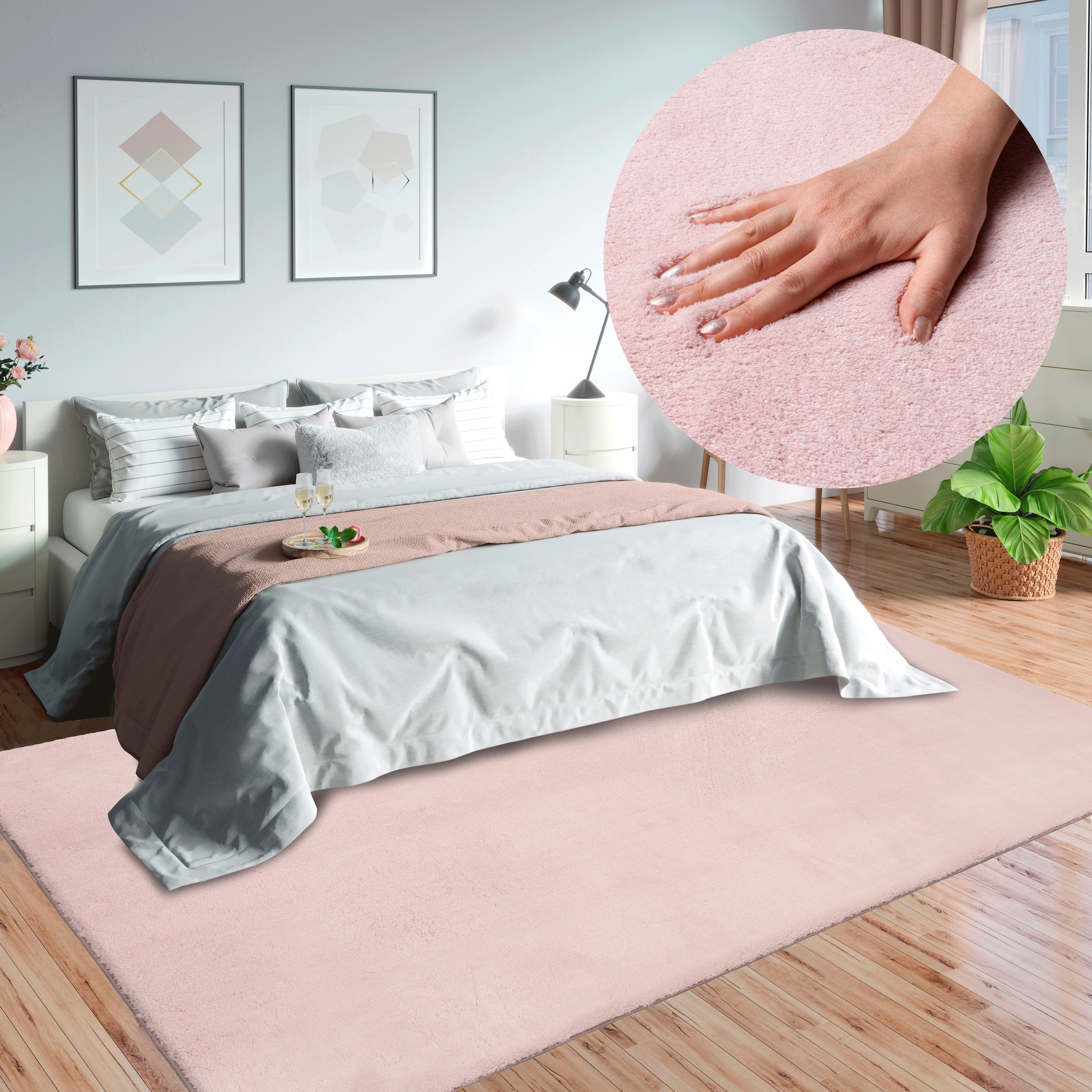 Teppich MERINOS "Loft 37, Kunstfellteppich", rosa (blush), B:60cm H:16mm L:110cm, Polyester, Teppiche, Teppich, weich und kuschelig, Fell Haptik, Anti-Rutsch-Unterseite