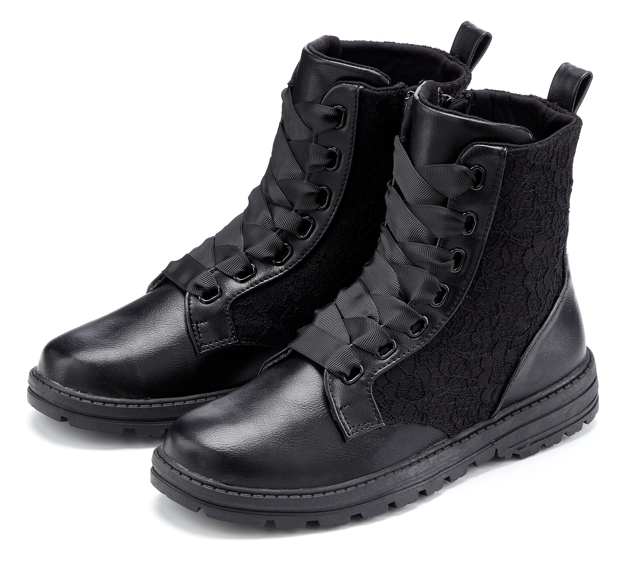 LASCANA Stiefelette "Schnürboots, Lace Boots, Combat Stiefeletten, Boots" mit Spitze und Satin Schürsenkeln VEGAN