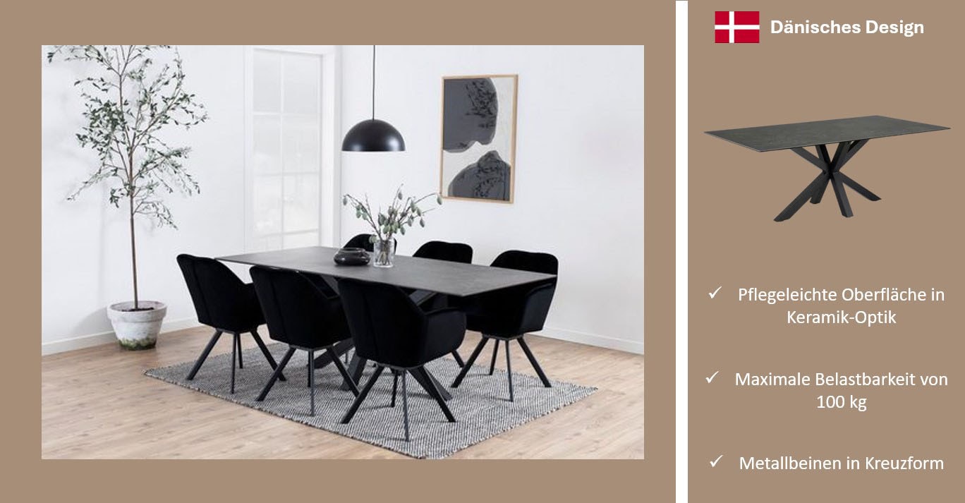 ACTONA GROUP Esstisch »Hanna, TOPSELLER!«, (Tisch, Esstisch), mit einer schwarzen Keramik-Optik Tischplatte, Breite 200 cm
