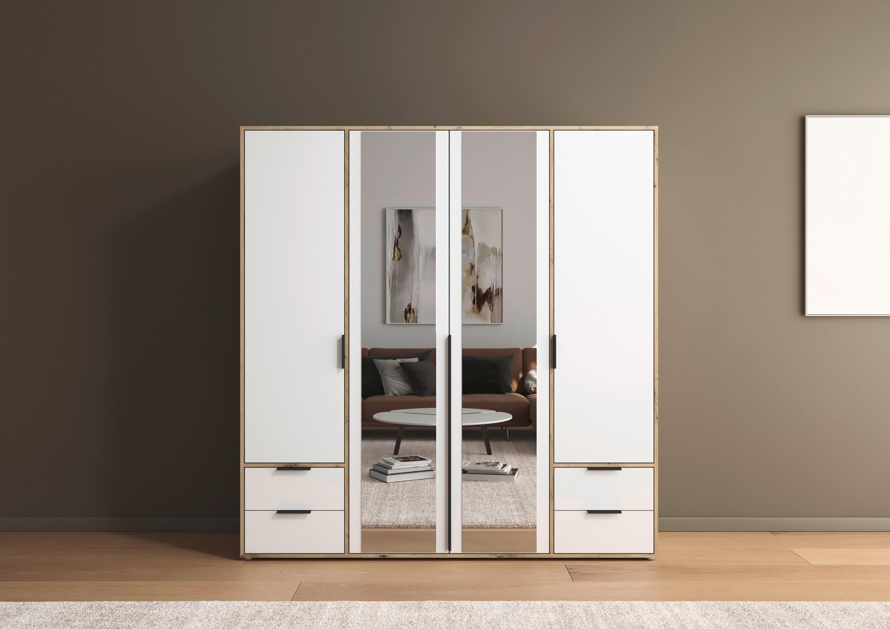 rauch "Kleiderschrank Schrank Garderobe Wäscheschrank NAGATA mit Spiegel" in 3 verschiedenen Ausstattungen BASIC/CLASSIC/PREMIUM, und Schubladen sowie Stangengriffen TOPSELLER MADE IN GERMANY