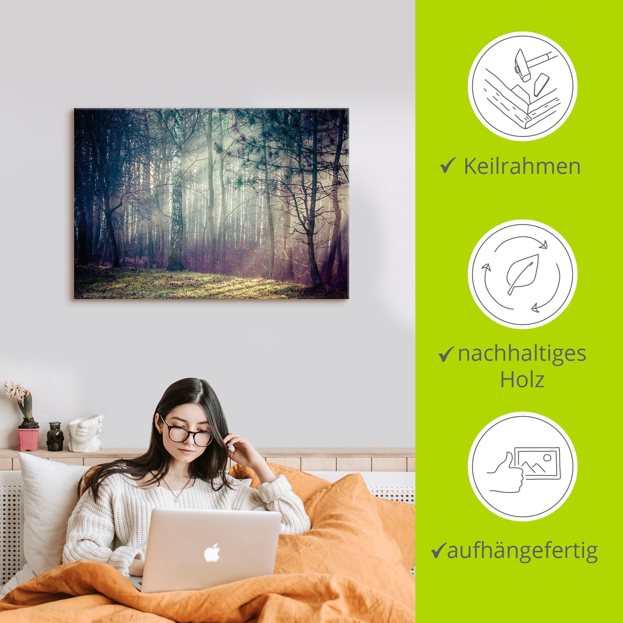 Artland Wandbild »Sonnenstrahlen im Wald«, Waldbilder, (1 St.), als Alubild, Outdoorbild, Leinwandbild in verschied. Größen