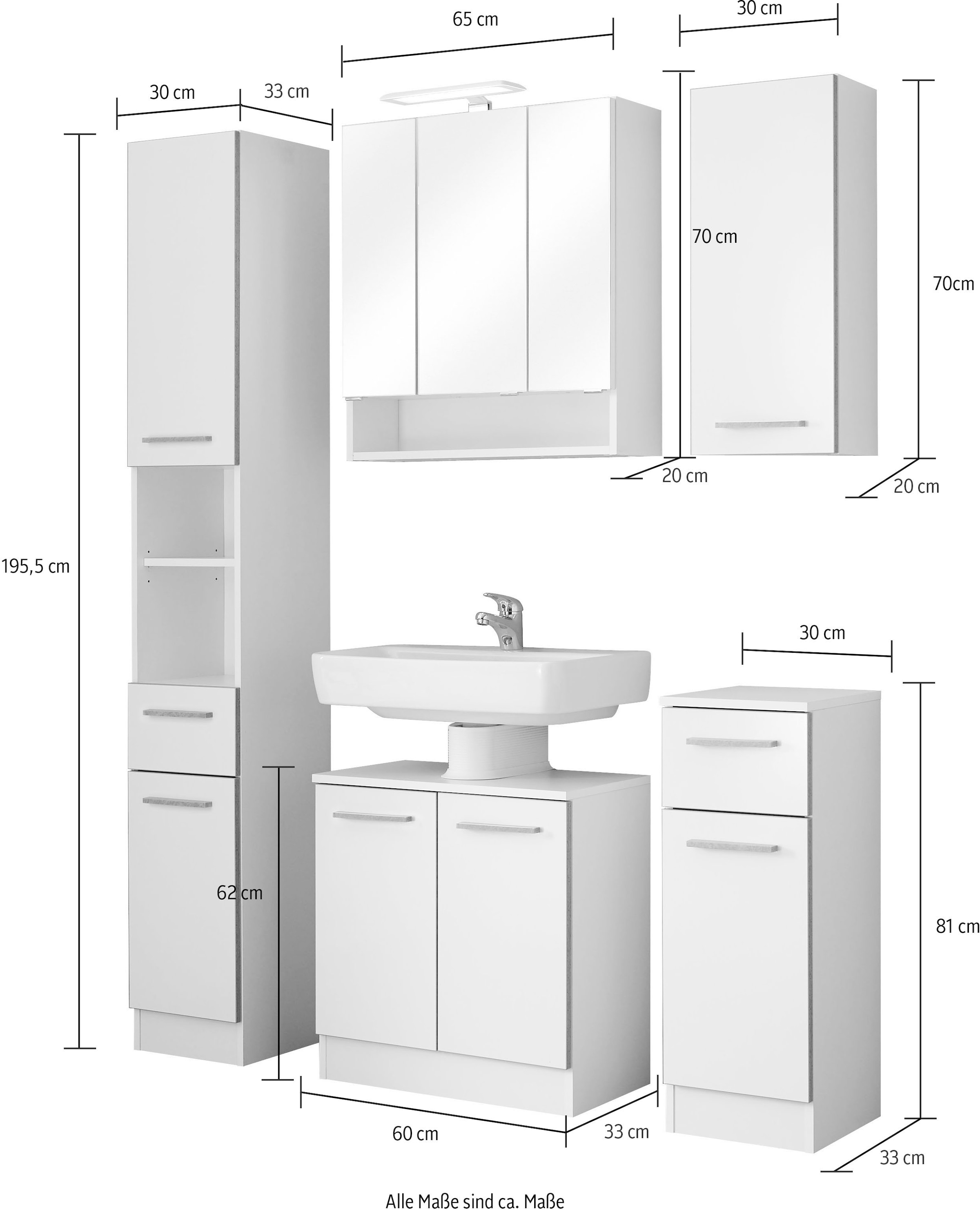 Saphir Badmöbel-Set »Quickset 953 5-teilig, Waschbeckenunterschrank und LED-Spiegelschrank«, (Set, 5 St.), in Weiß Glanz, Badmöbel inkl. Türdämpfer, ohne Waschbecken, 9 Türen