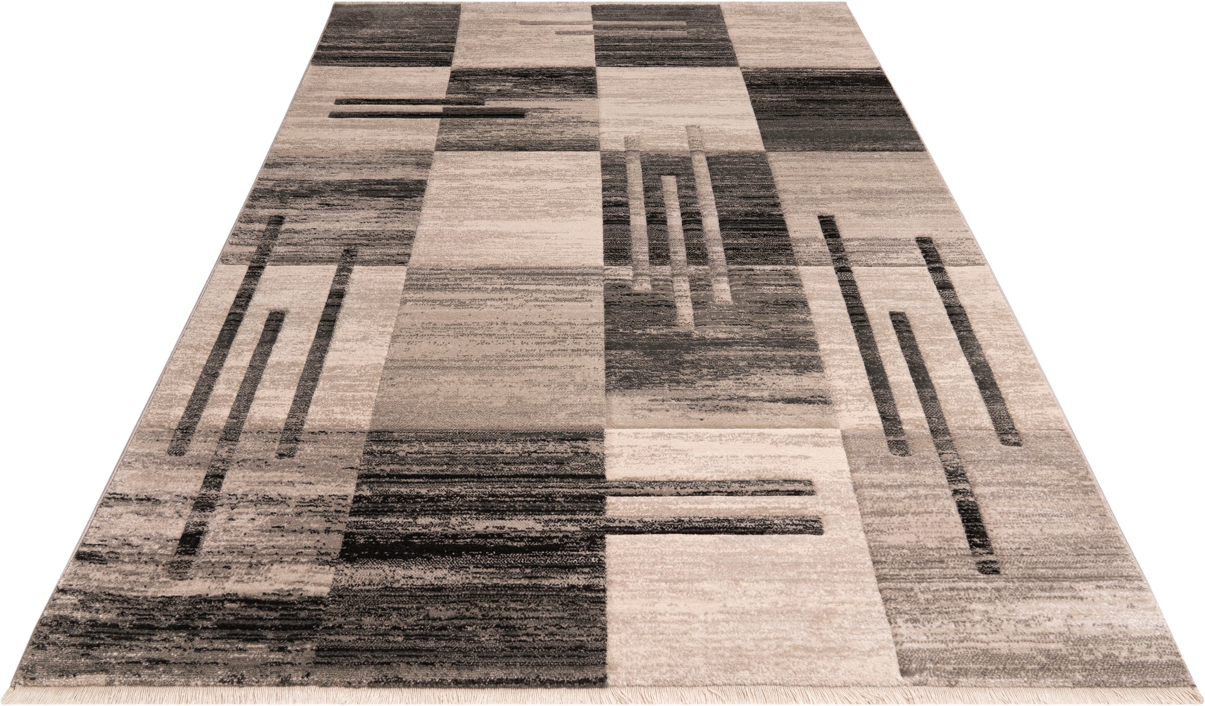Teppich OTTO HOME "Beliz" Gr. 4, grau, B:160cm H:9mm L:230cm, Kunstfaser, Teppiche, Teppich, mit Konturenschnitt, Kurzflor, 3D-Design, mit Fransen, Wohnzimmer 3