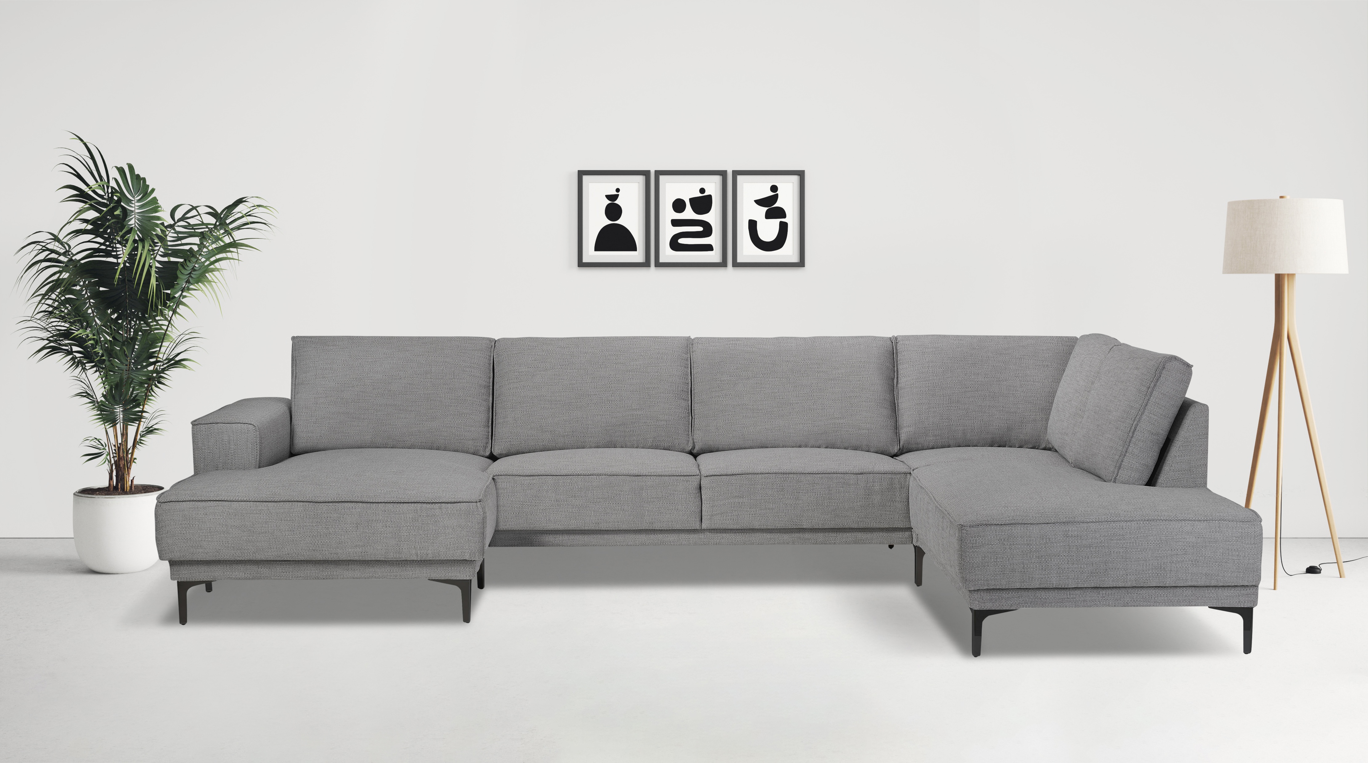 OTTO home Wohnlandschaft "OLAND Flachgewebe U-Form, XXL, B: 345 cm, Skandi-Design" U-Form, 345 cm, Wellenunterfederung, Skandi-Design, Metallfüße