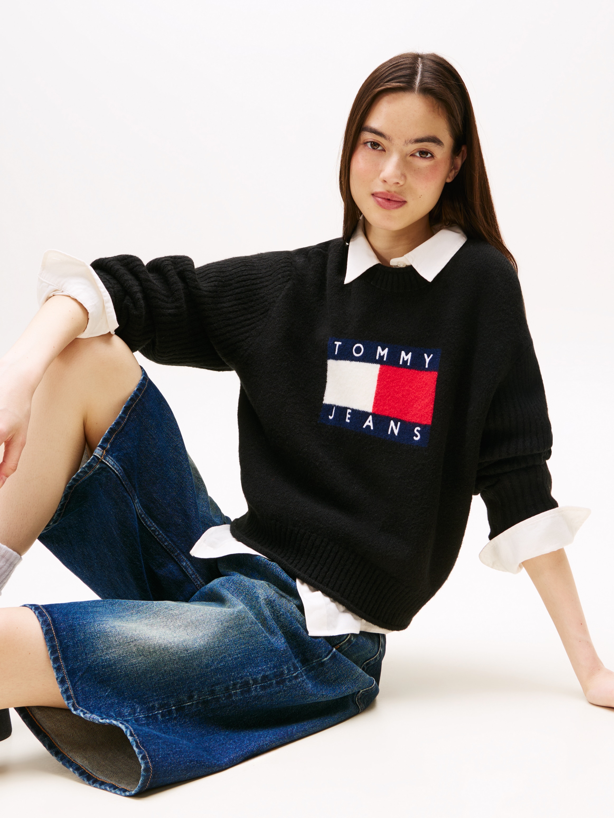 Tommy Jeans Strickpullover »TJW MELANGE FLAG SWEATER RIB EXT« in gerippter Struktur