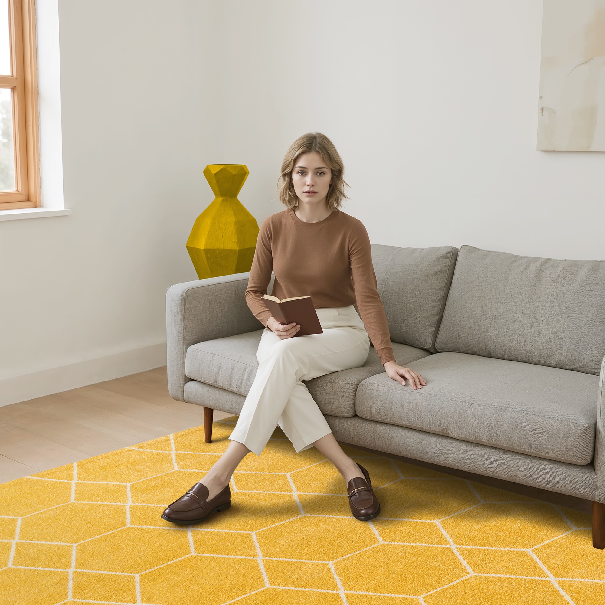 Teppich SANAT "Trellis", gelb, B:160cm H:10mm L:230cm, Kunstfaser, Teppiche, Teppich, Kurzflor, skandi, boho, auch als Läufer und in rund 2