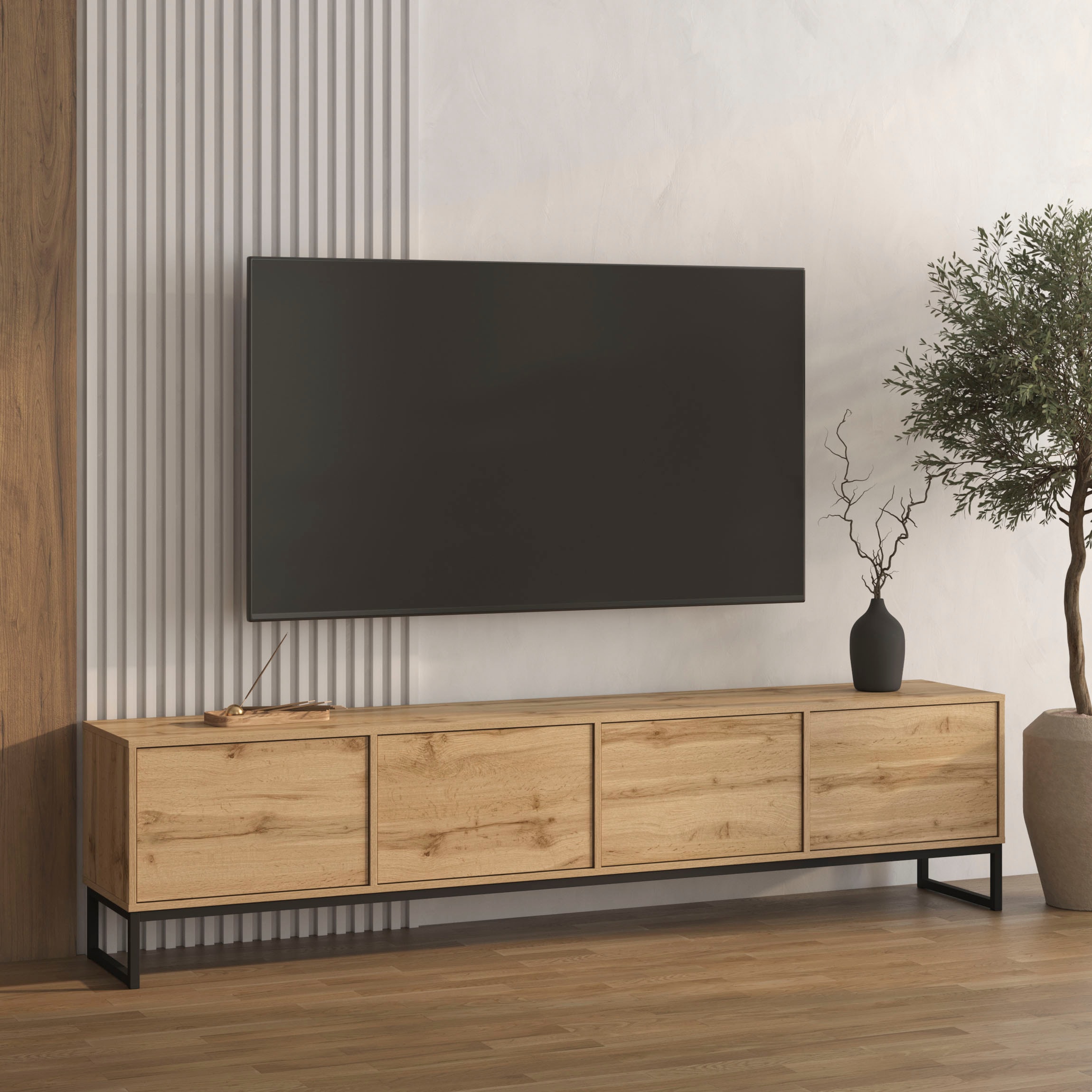 OTTO home Lowboard "Loft, Breite 208,5 cm, TV-Board mit 4 Klappen, Metallkufen" TV-Kommode mit viel Stauraum, push-to-open-Funktion
