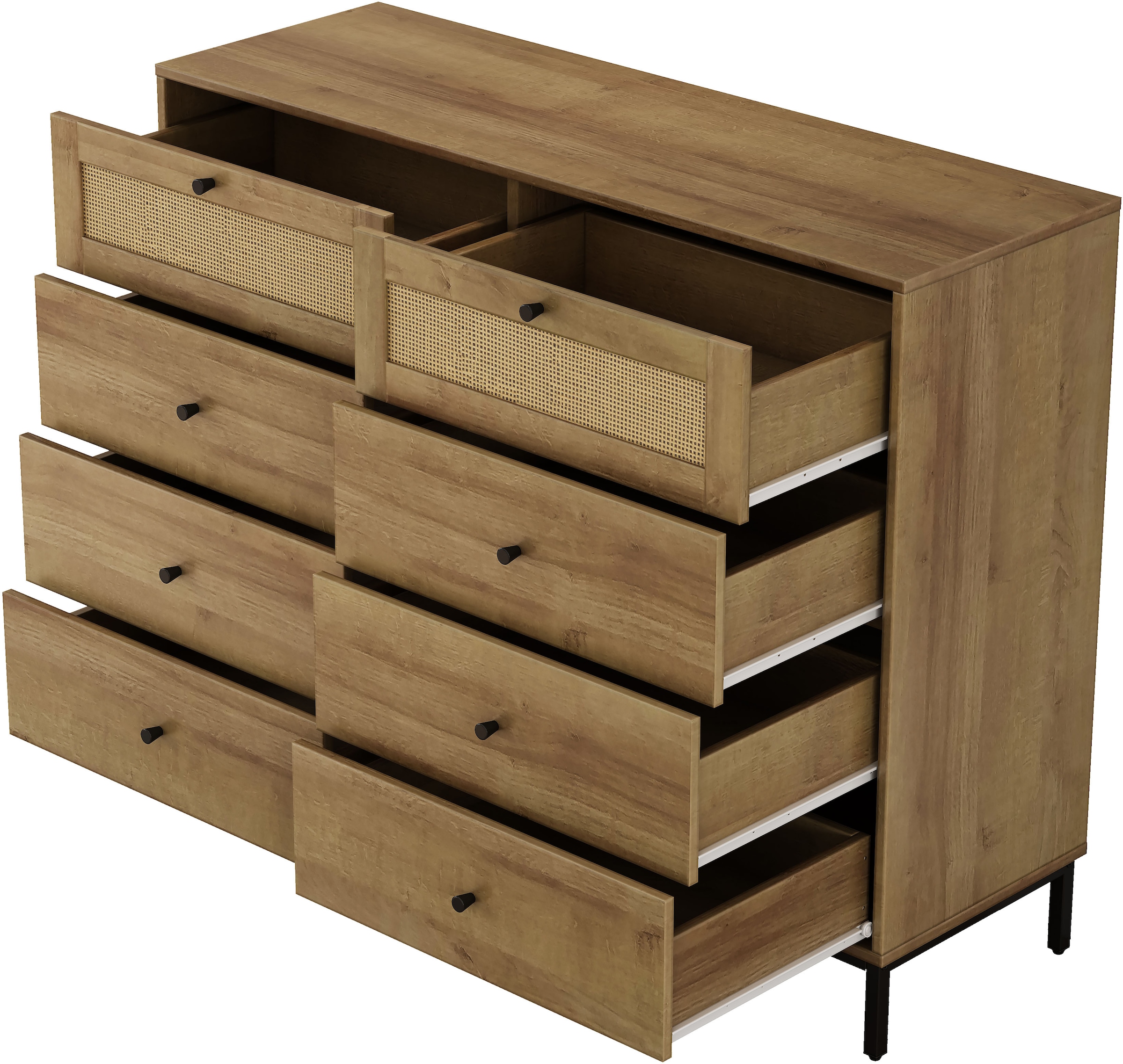 OTTO home Kombikommode »Motala Wäsche Schrank mit 8 Schubladen Sideboard BOHO Design« Eichen-Design mit schwarzen Griffen und Geflecht Schubladen, 