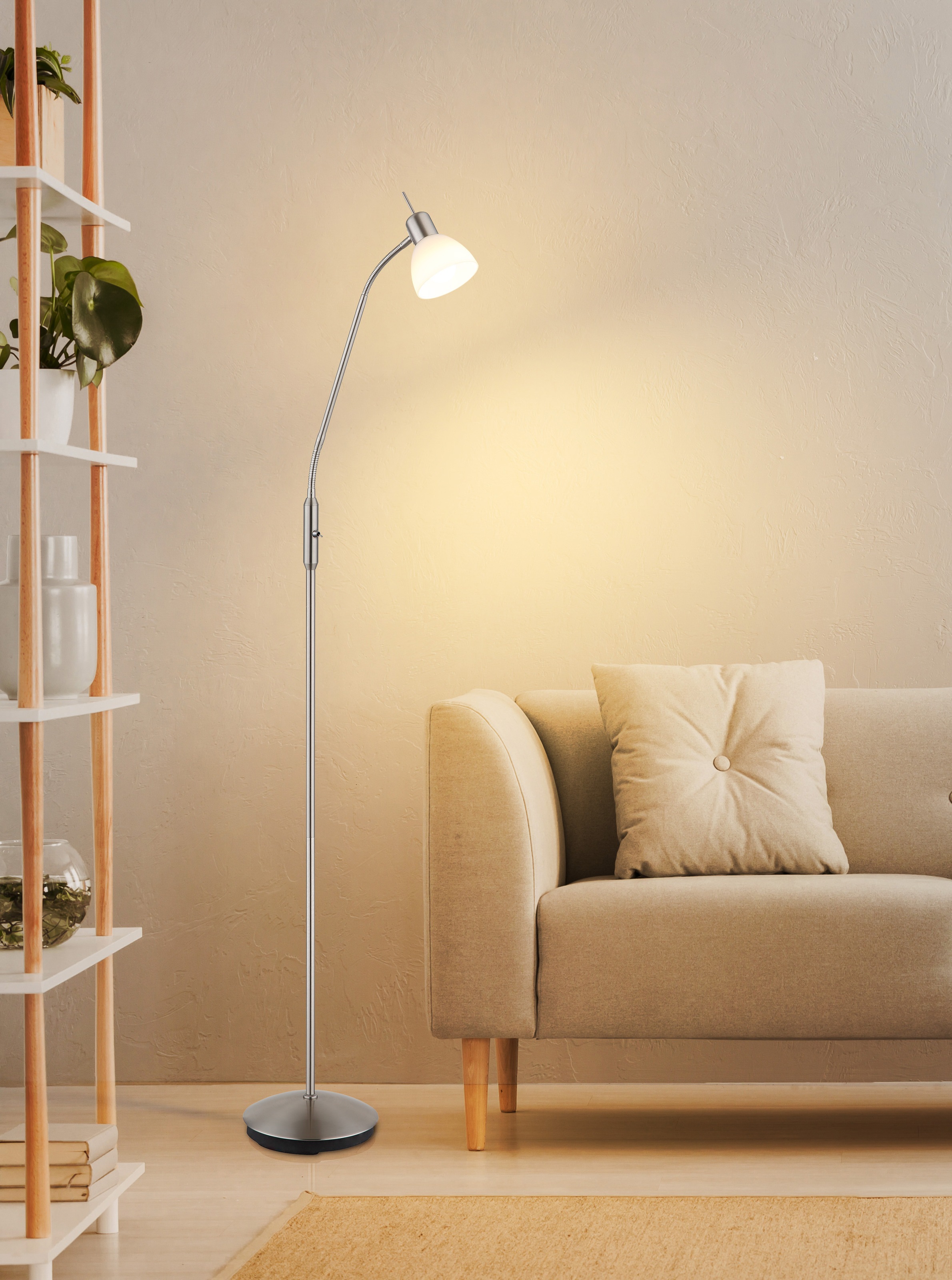 NOWA Stehlampe »MALTE« E14 1 Stk. Warmweiß Stehleuchte Nickel matt mit Glas opal, E14 LED 5W, Flexo