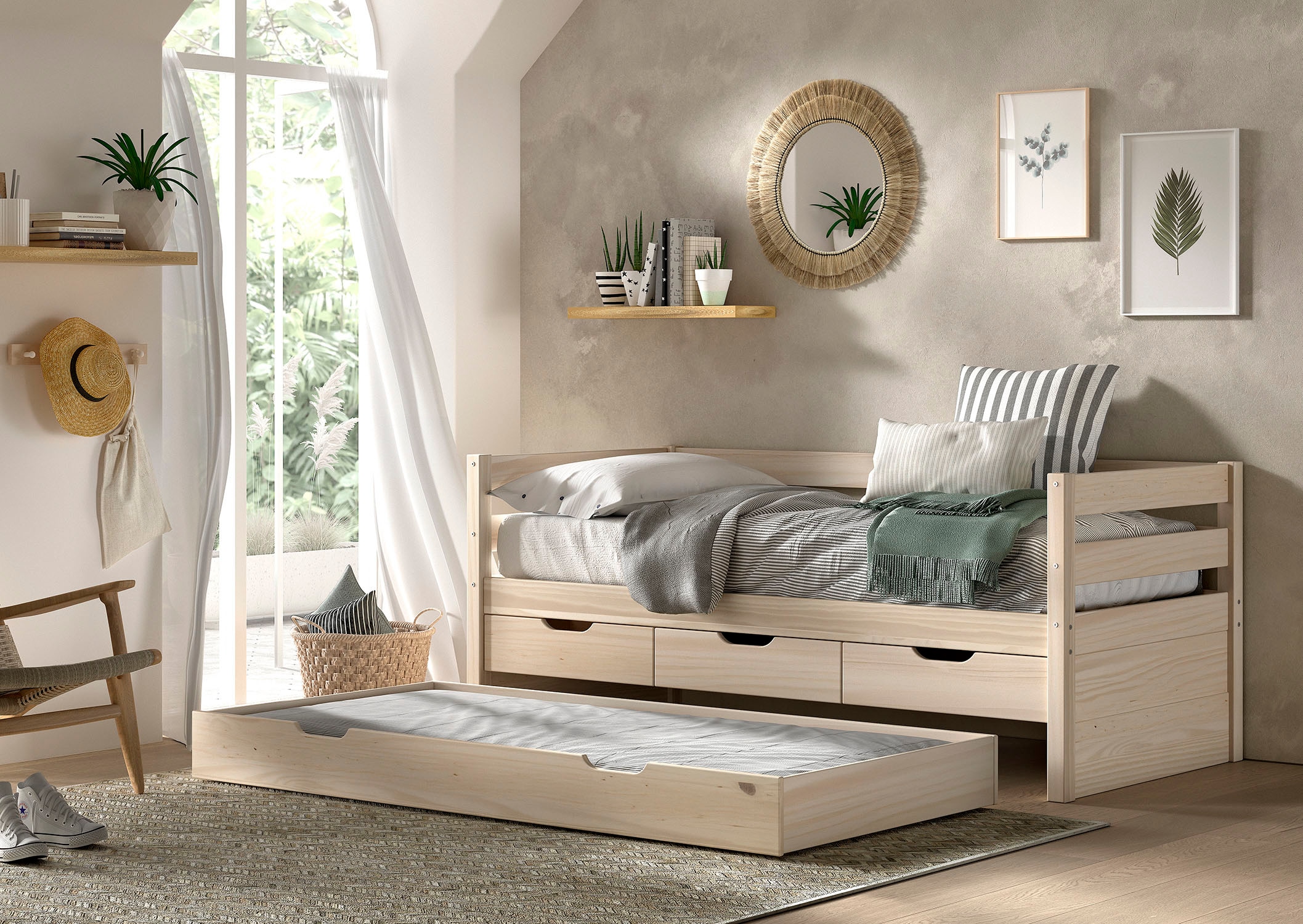 Vipack Funktionsbett »Margrit mit Bettschublade, in zeitlosem Design, universell einsetzbar« Liegefläche 90 x 200 cm, inkl. Rolllattenrost und seitlichem Umbau,  Massivholzbett mit 3 Schubladen, wahlweise in 2 Farben erhältlich