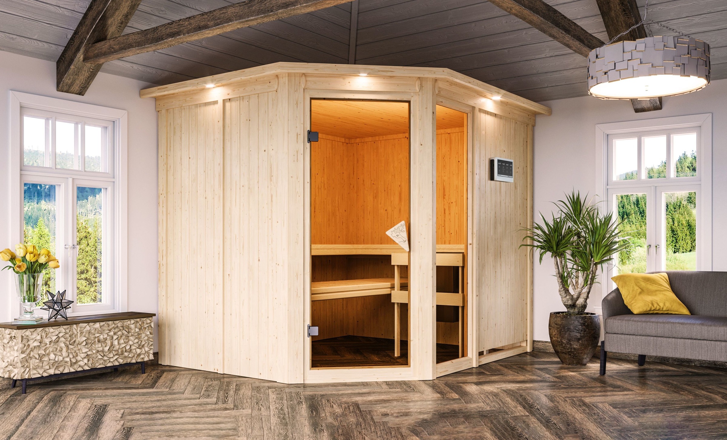 Karibu Sauna »Frigga 3« Set,  Ofen 9 kW Bio externe Strg easy