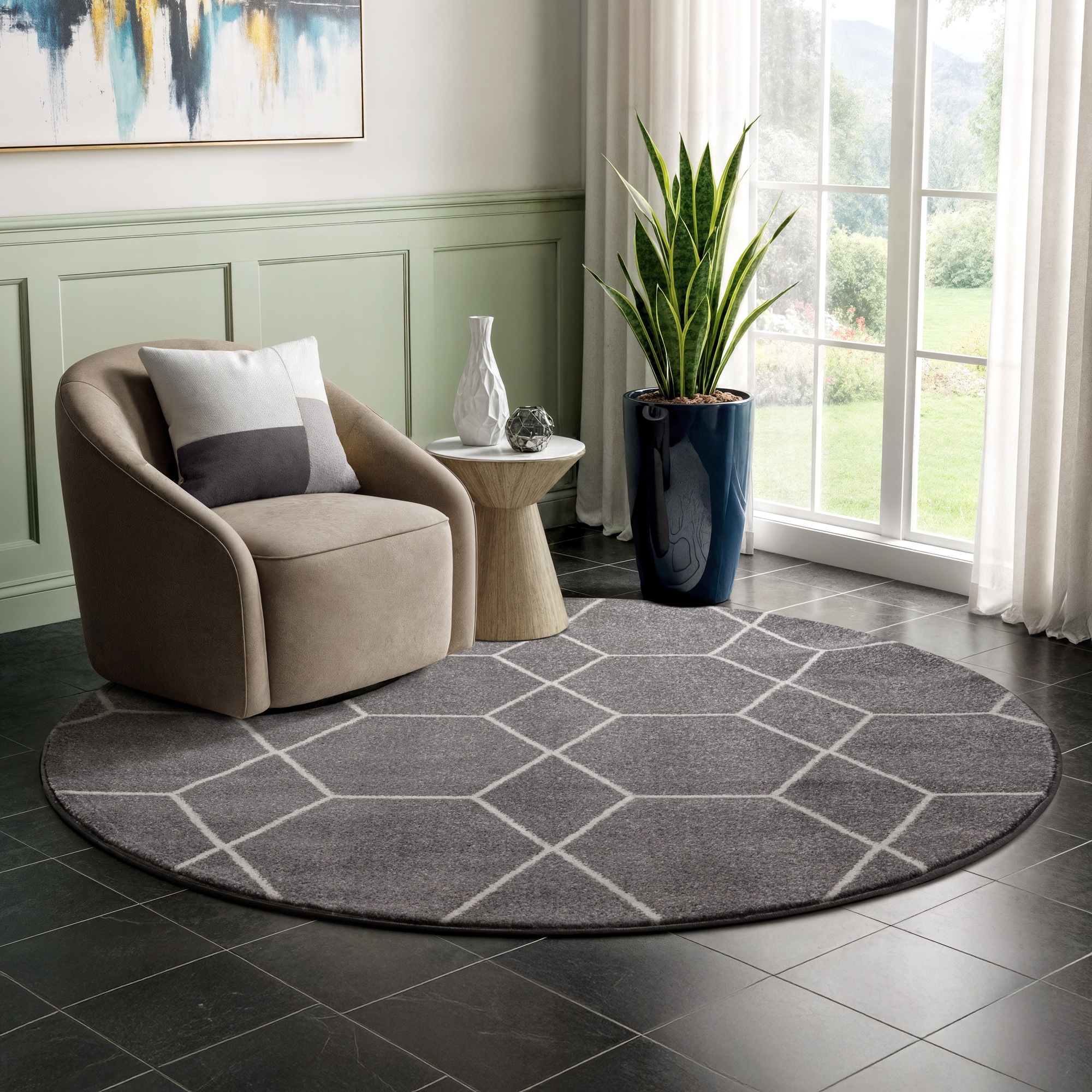 Thumbnail - Sanat Teppich "Trellis" rund 10 mm Höhe Kurzflor, skandi, boho, auch als Läufer und in rund