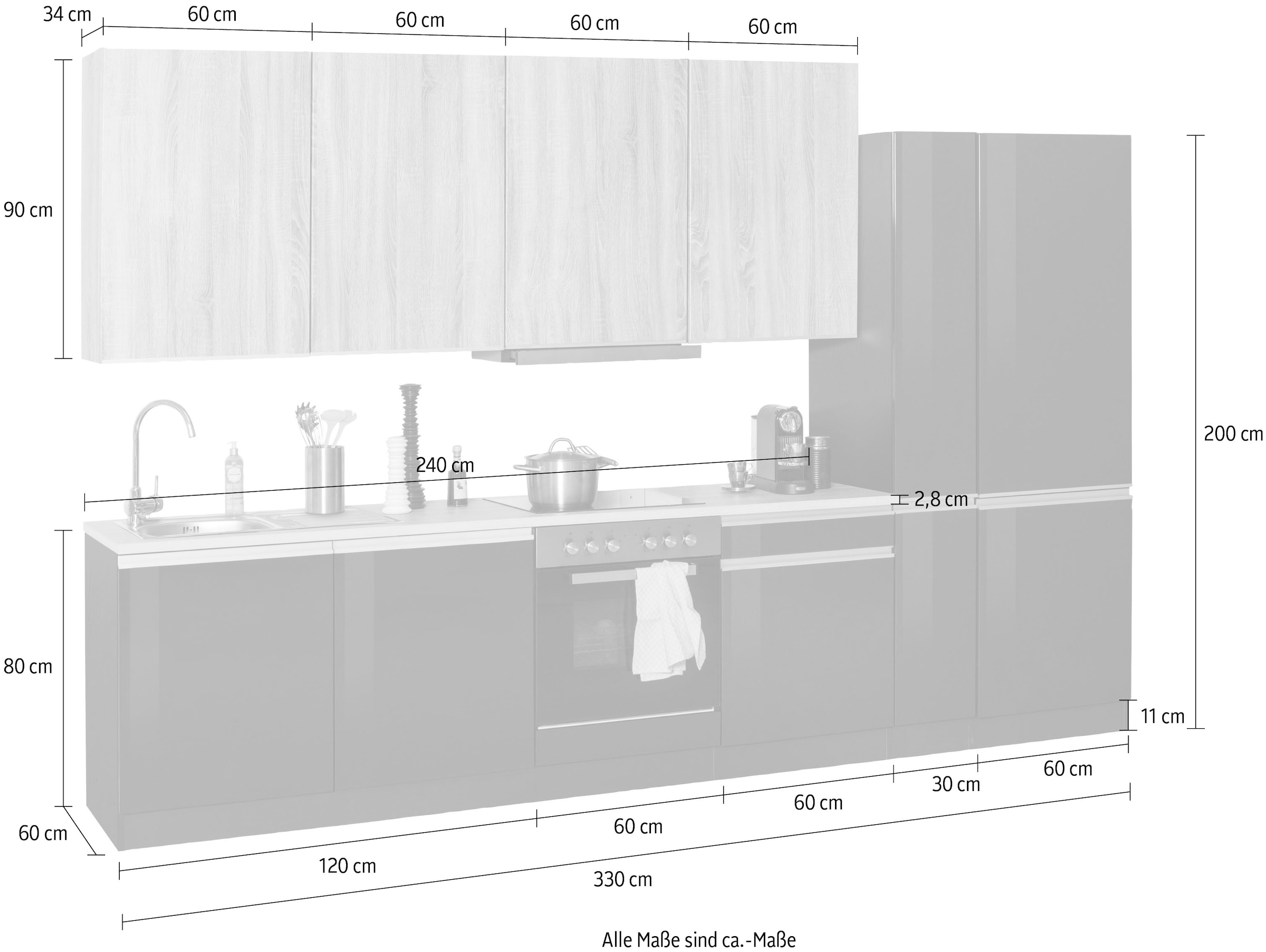 KOCHSTATION Küchenzeile »KS-Ohio«, mit E-Geräten, Breite 330 cm