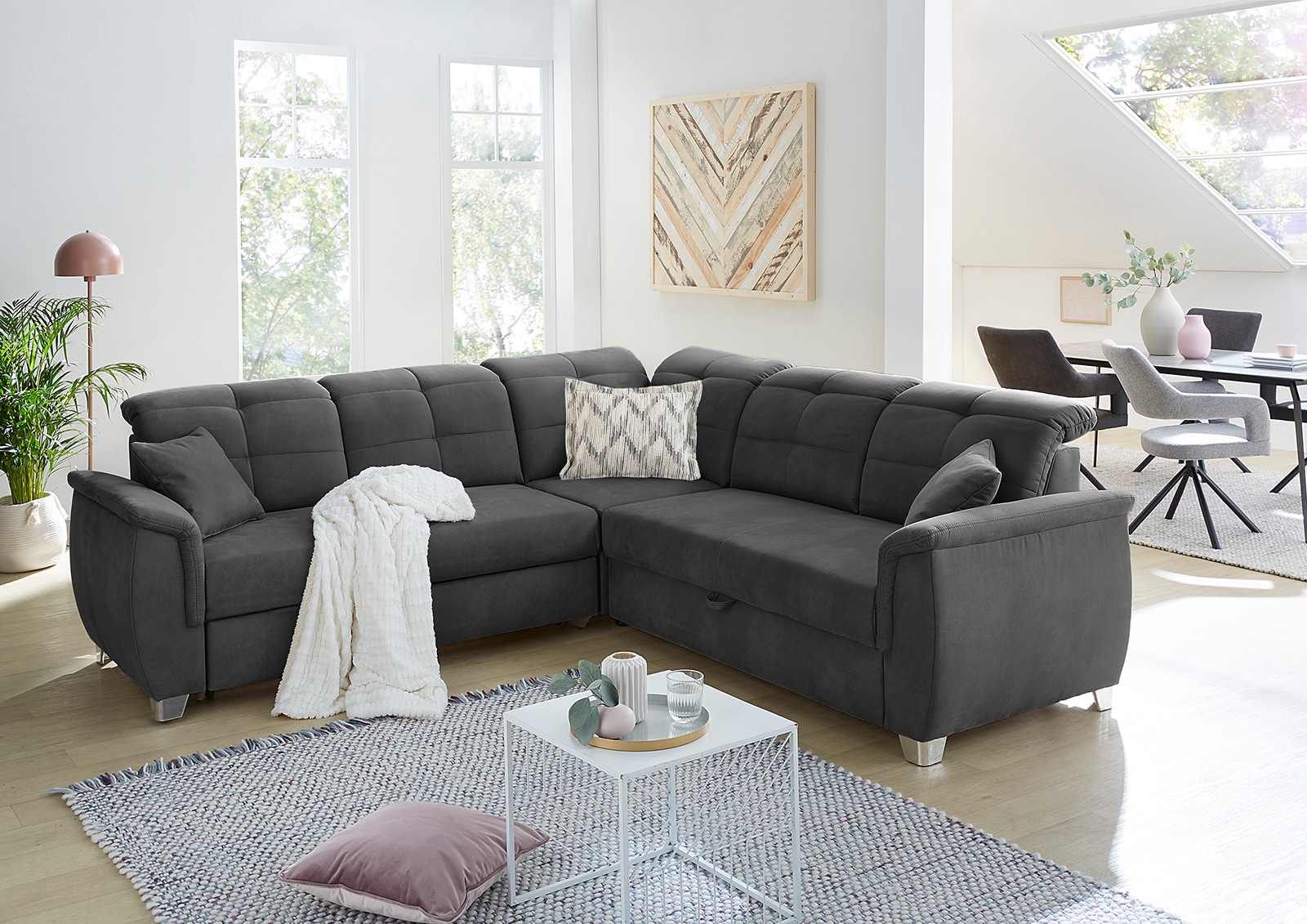 Jockenhöfer Gruppe Ecksofa "Udine L-Form, B: 263 cm" mit Schlaffunktion, Bettkasten, Kopfteilverstellung & Zierkissen