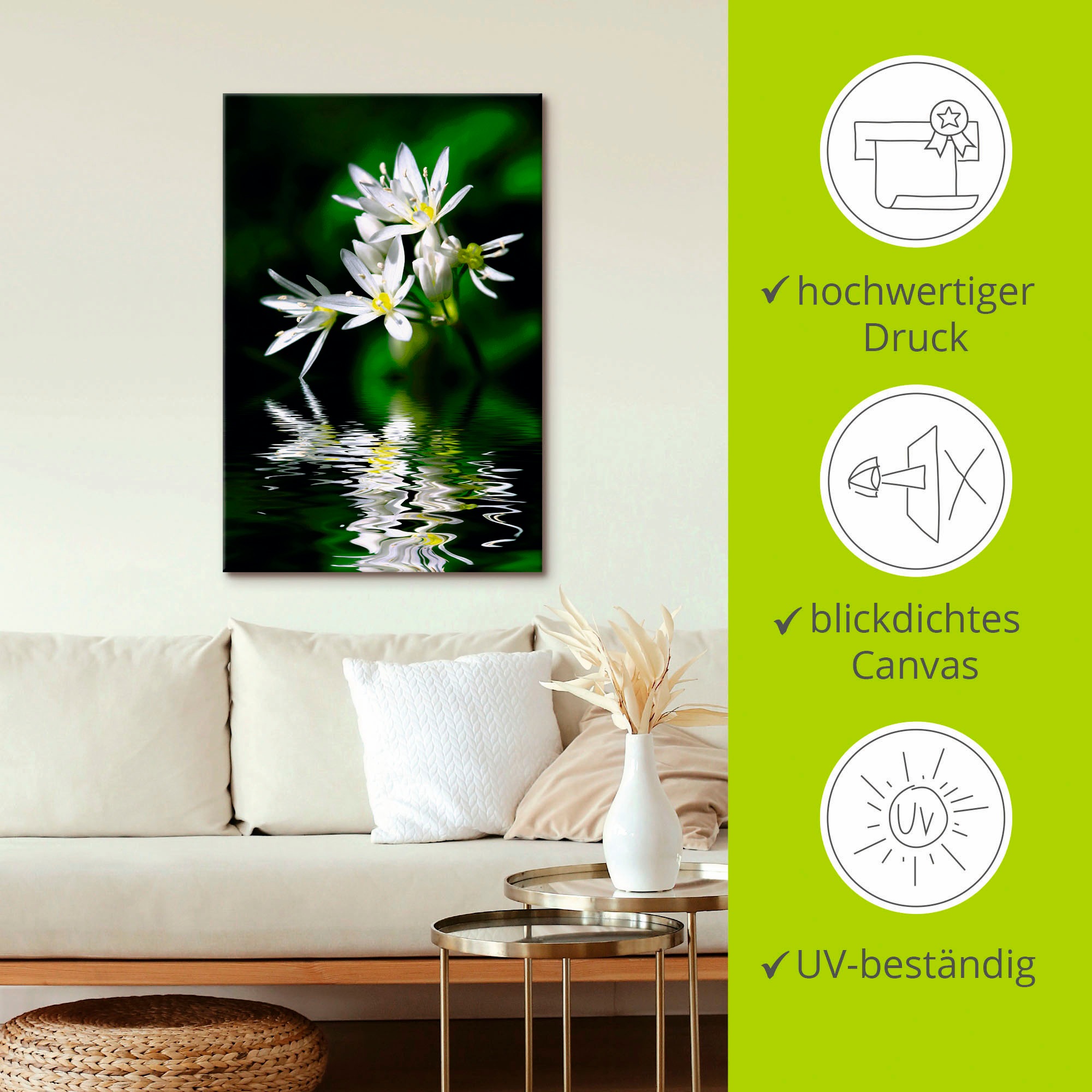 Artland Wandbild »Bärlauchblüten mit Wasserspiegelung«, Lebensmittel, (1 St.), als Leinwandbild, Poster in verschied. Größen