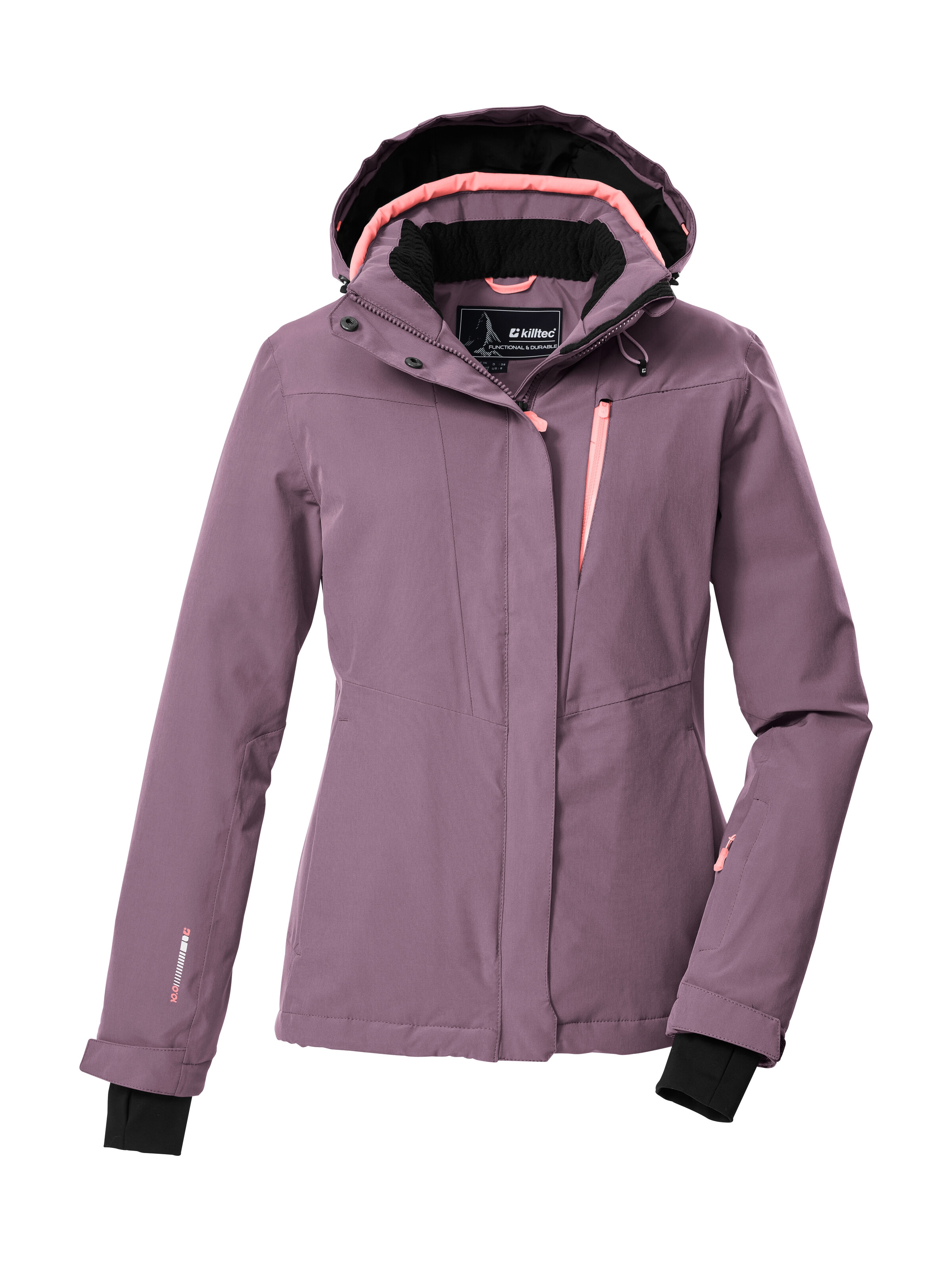 Skijacke KILLTEC "KSW 25 WMN SKI JCKT", Damen, Gr. 42, violett, Obermaterial: 100% Polyester;Futter: 100% Polyester;Füllung: 100% Polyester, Jacken Skijacke, Atmungsaktive, wasserdichte Skijacke mit abnehmbarer Kapuze