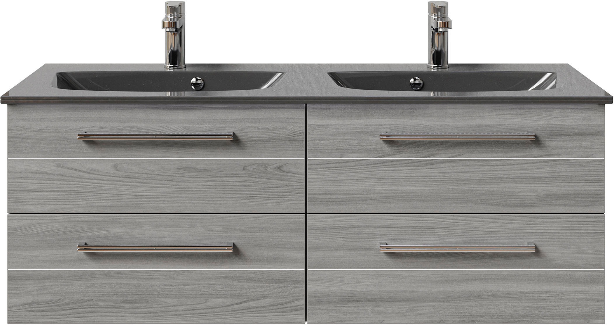 Saphir Badmöbel-Set »Serie 6025 2-teilig Mineralmarmor-Waschtisch mit LED-Spiegelschrank«, (2 St.), Waschplatz 132cm breit, 4 Schubladen, 2 Spiegel-Türen, inkl Türdämpfer