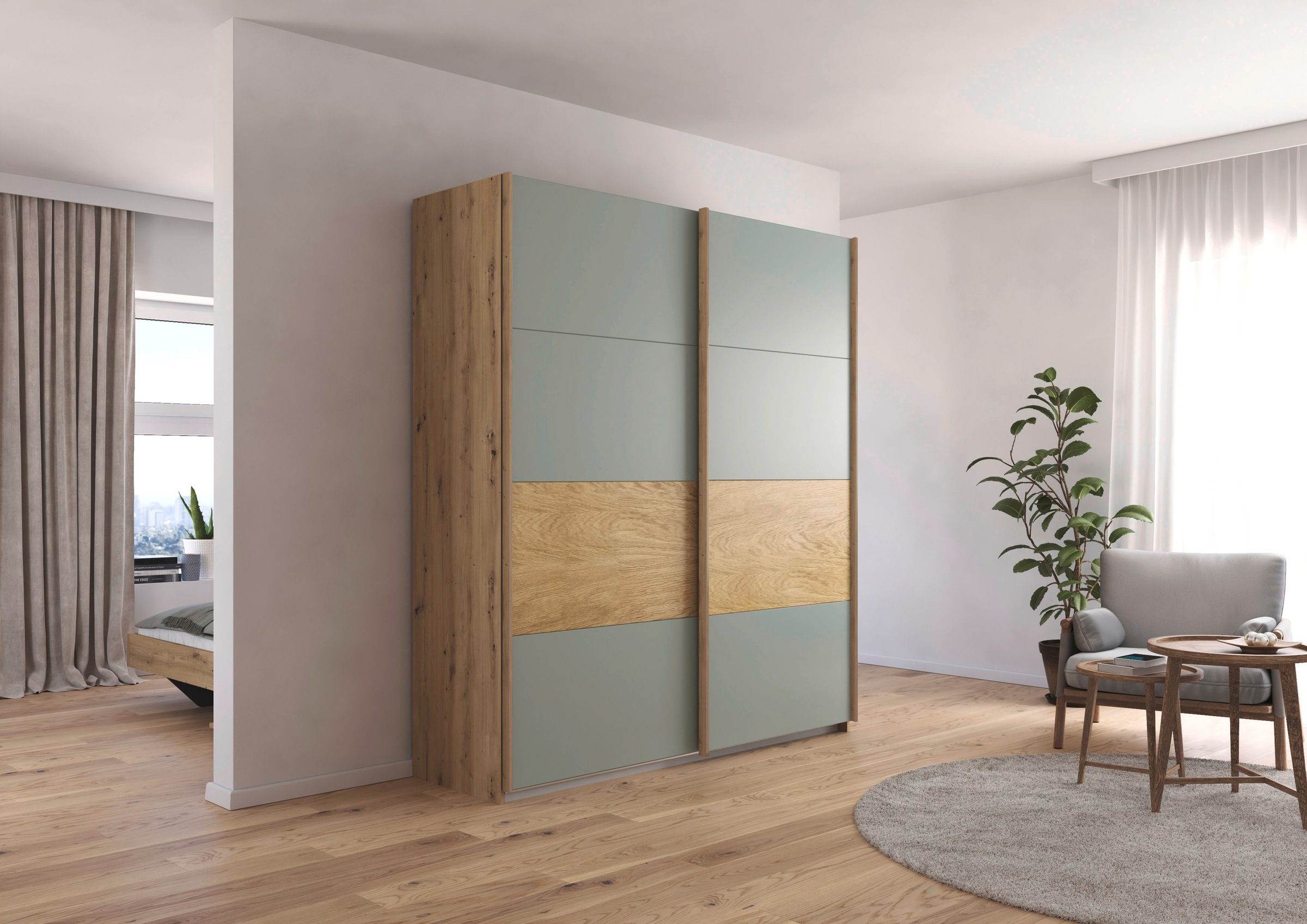rauch Schwebetürenschrank »Kleiderschrank Schrank Garderobe Schlafzimmerschrank MALVA«, Bauchbinde abgesetzt in gebürstetem Eiche Furnier MADE IN GERMANY